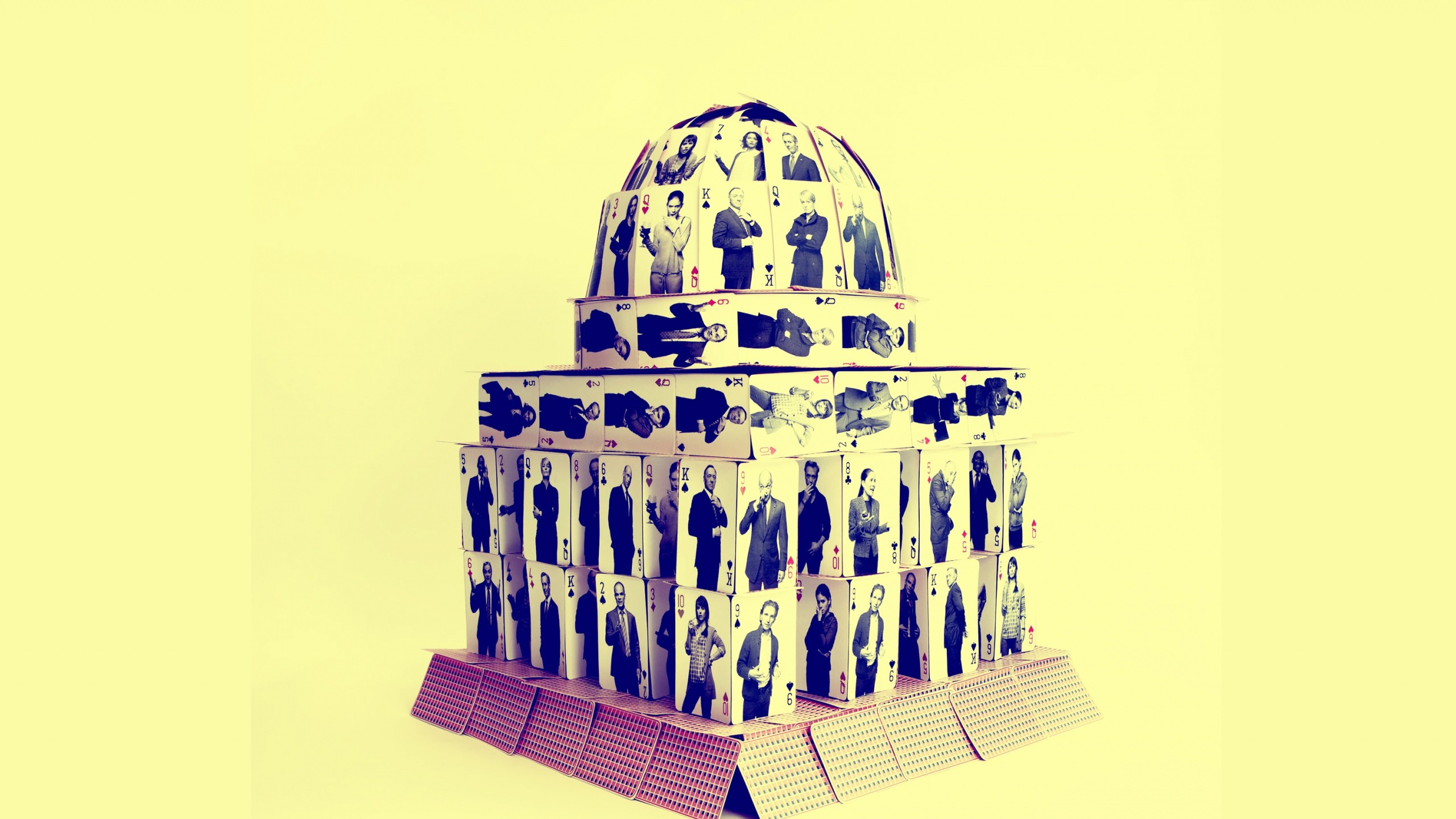 House of Cards, Castello di carte, Illustrazione, Sfondo giallo, wallpaper desktop 2K