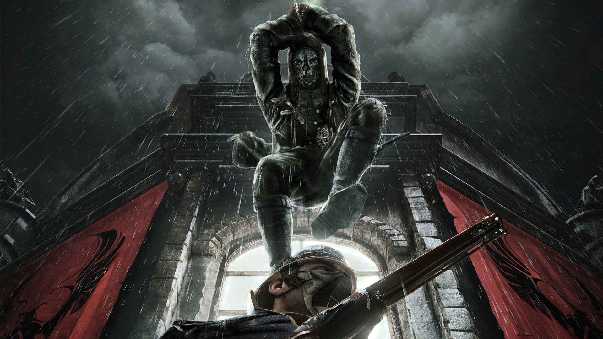 Dishonored, Corvo Attano, Videogioco, Pioggia, 16:9 Full HD, wallpaper widescreen
