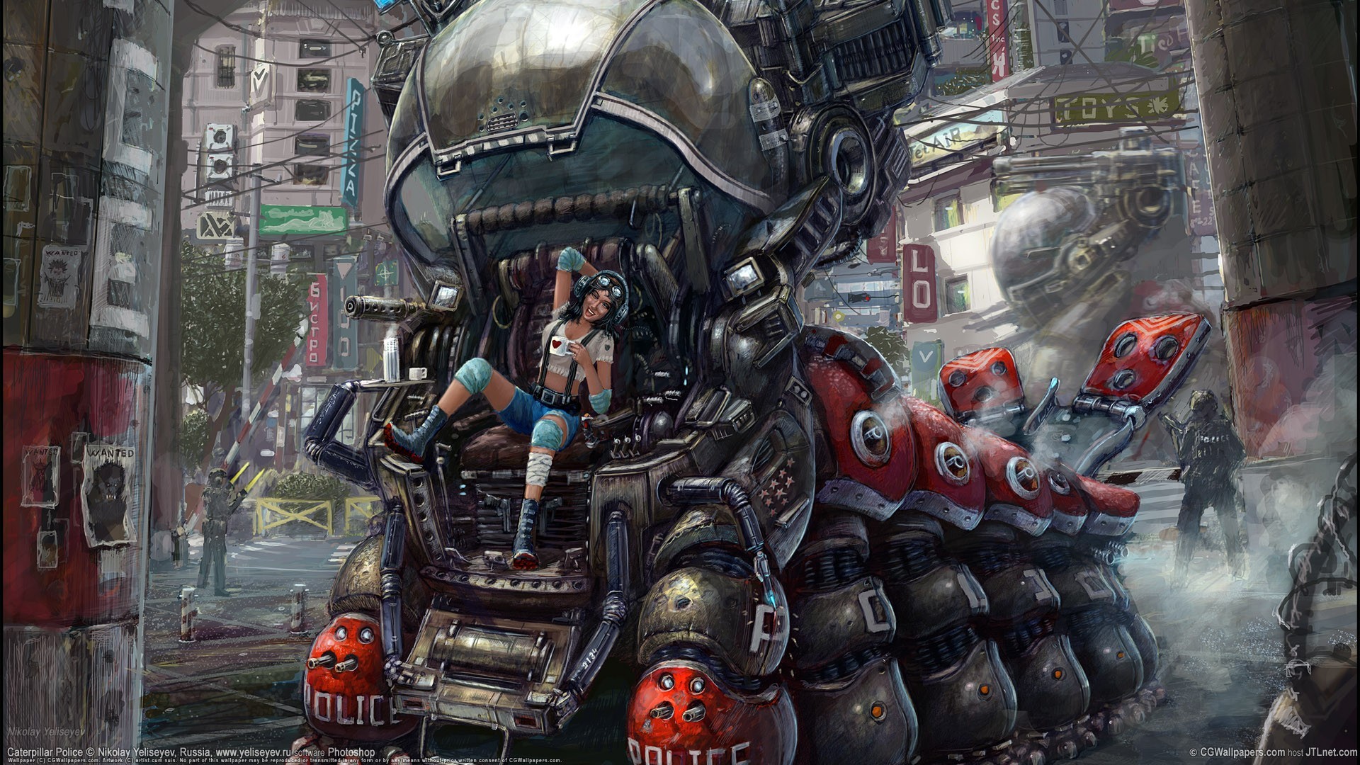 Mech, Ragazza, Città cyberpunk, Illustrazione, Full HD 1080p, sfondo desktop