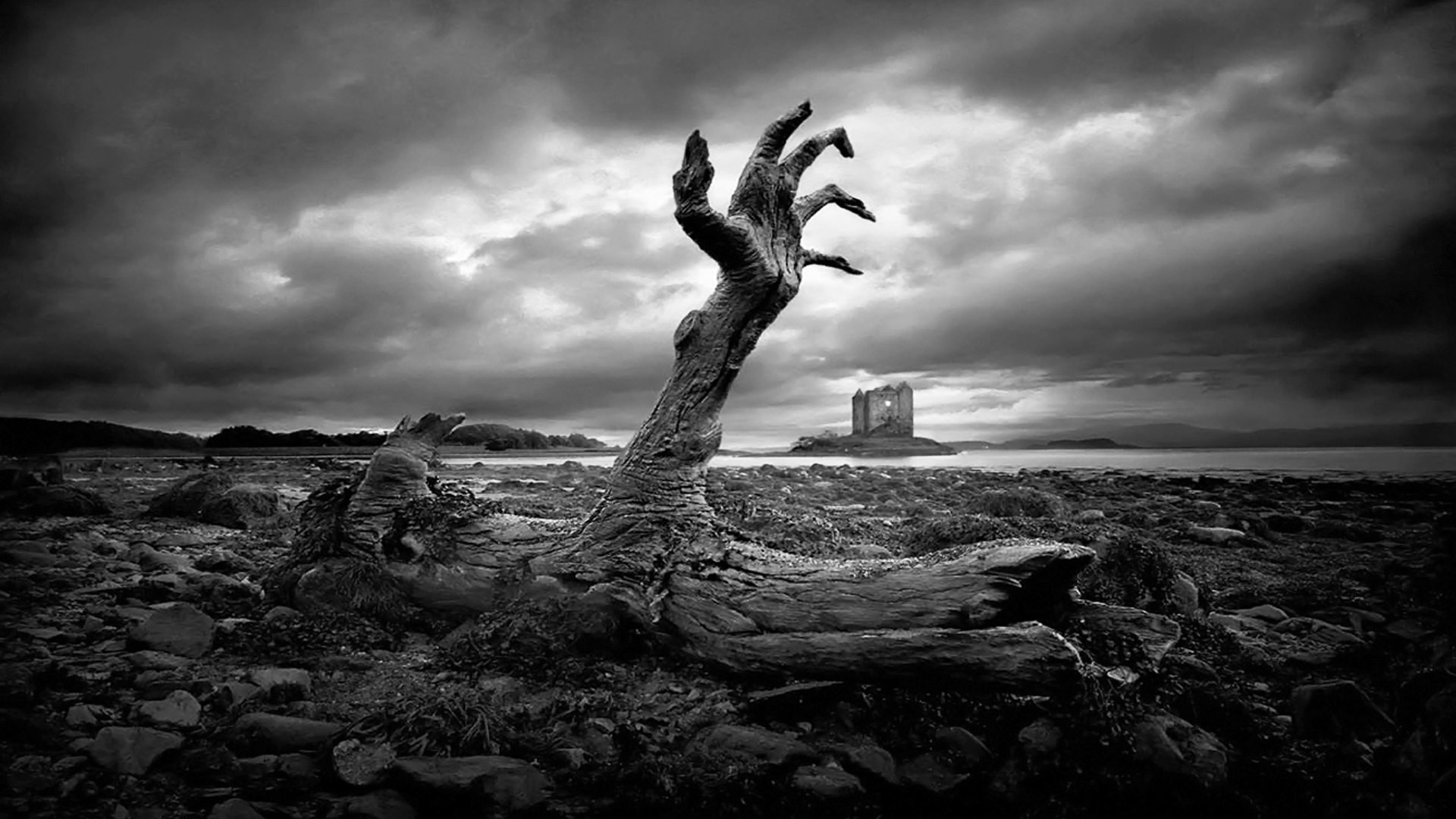 Mano di zombie, Castello, Bianco e nero, Full HD, sfondo desktop