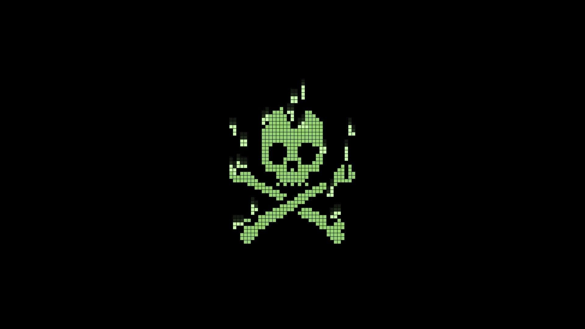 Pixel art, Teschio con ossa incrociate, Verde, Sfondo nero, 1920x1080, wallpaper desktop
