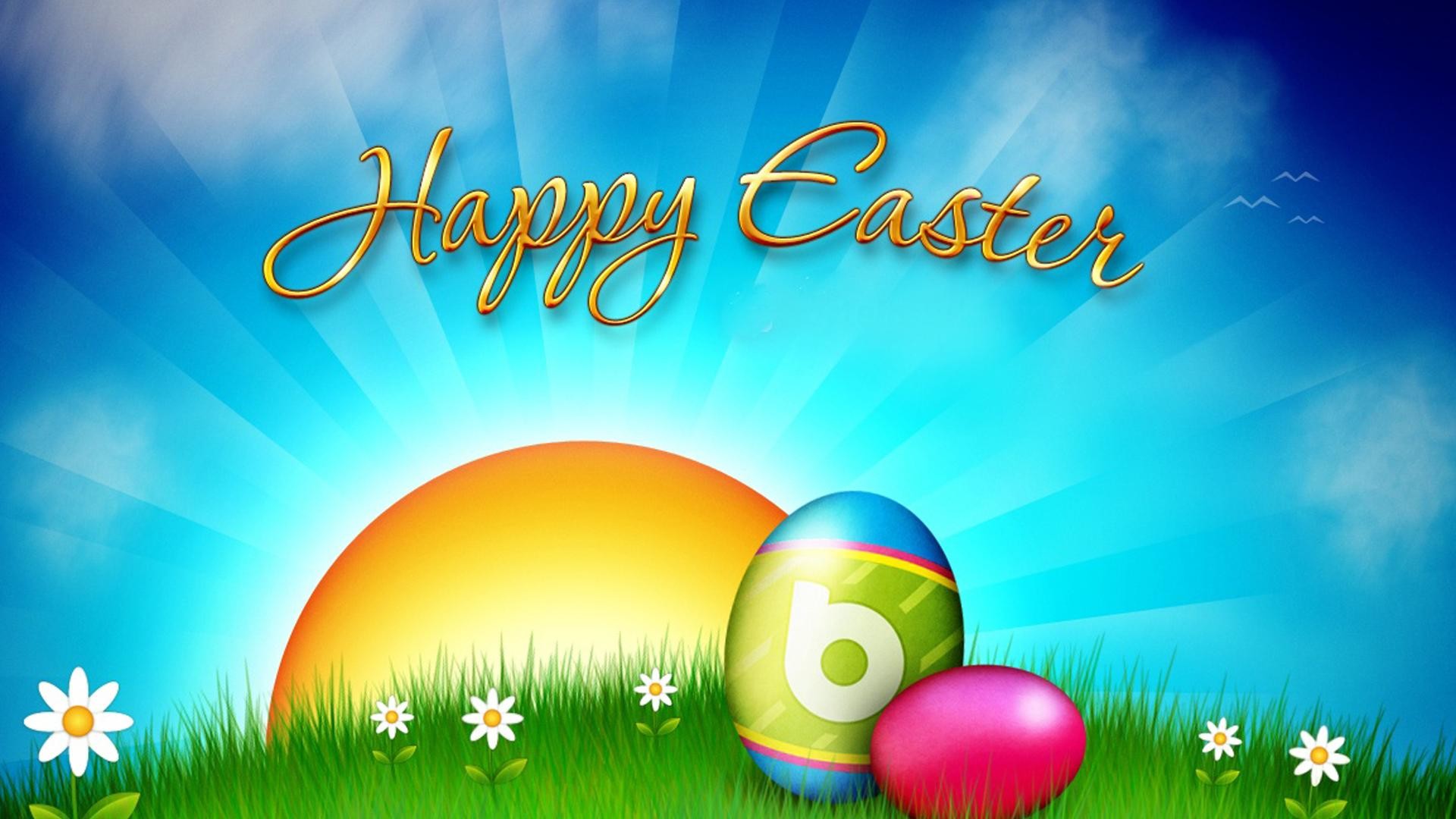 Buona Pasqua, Uova di Pasqua, Sole, Illustrazione, Cielo blu, Full HD, sfondo per portatile