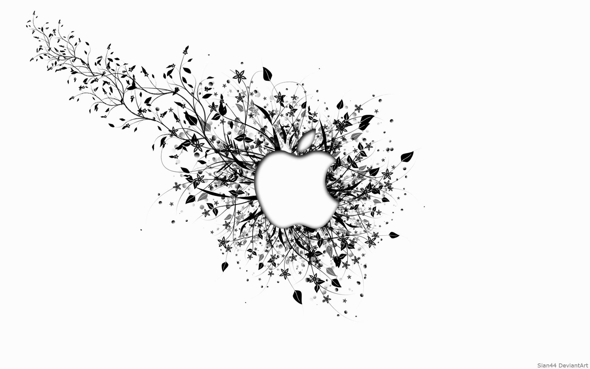Logo Apple, Ornamenti floreali, Bianco e nero, 16:10 Full HD, sfondo widescreen