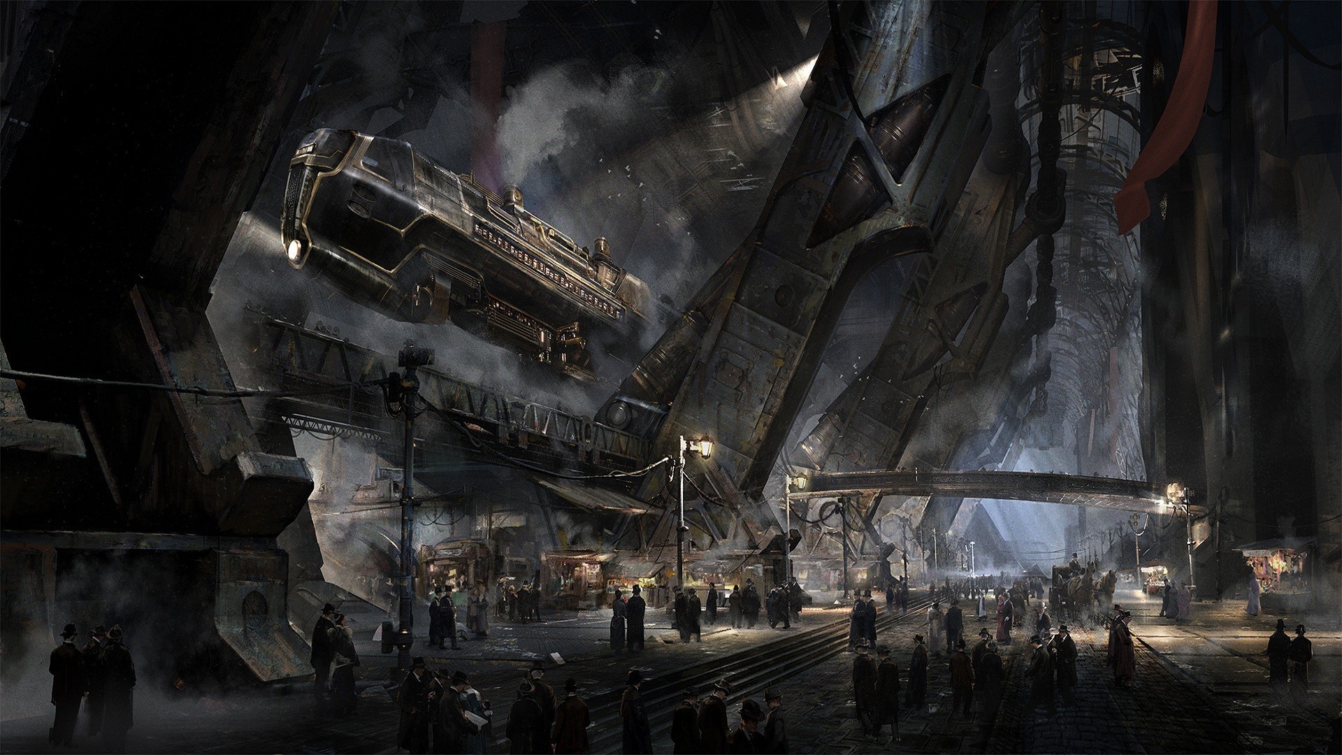 Nave volante, Città industriale, Folla, Steampunk, 1920x1080, sfondo per PC