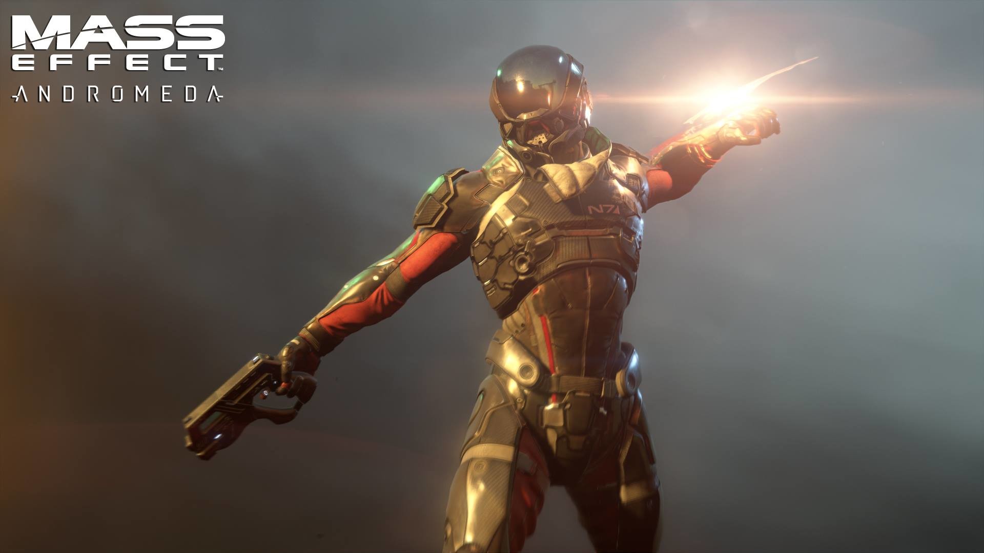 Mass Effect: Andromeda, Ryder, Armatura N7, Pistola, Logo, Full HD, wallpaper desktop