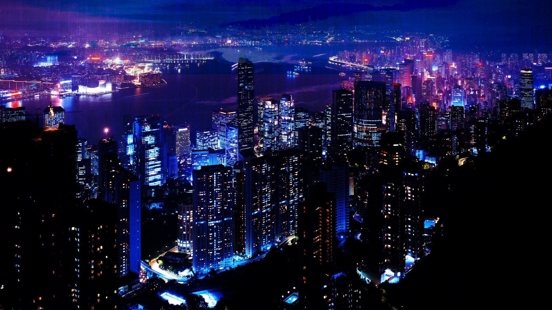 Hong Kong, Skyline, Città notturna, Luci, Full HD 1080p, sfondo desktop