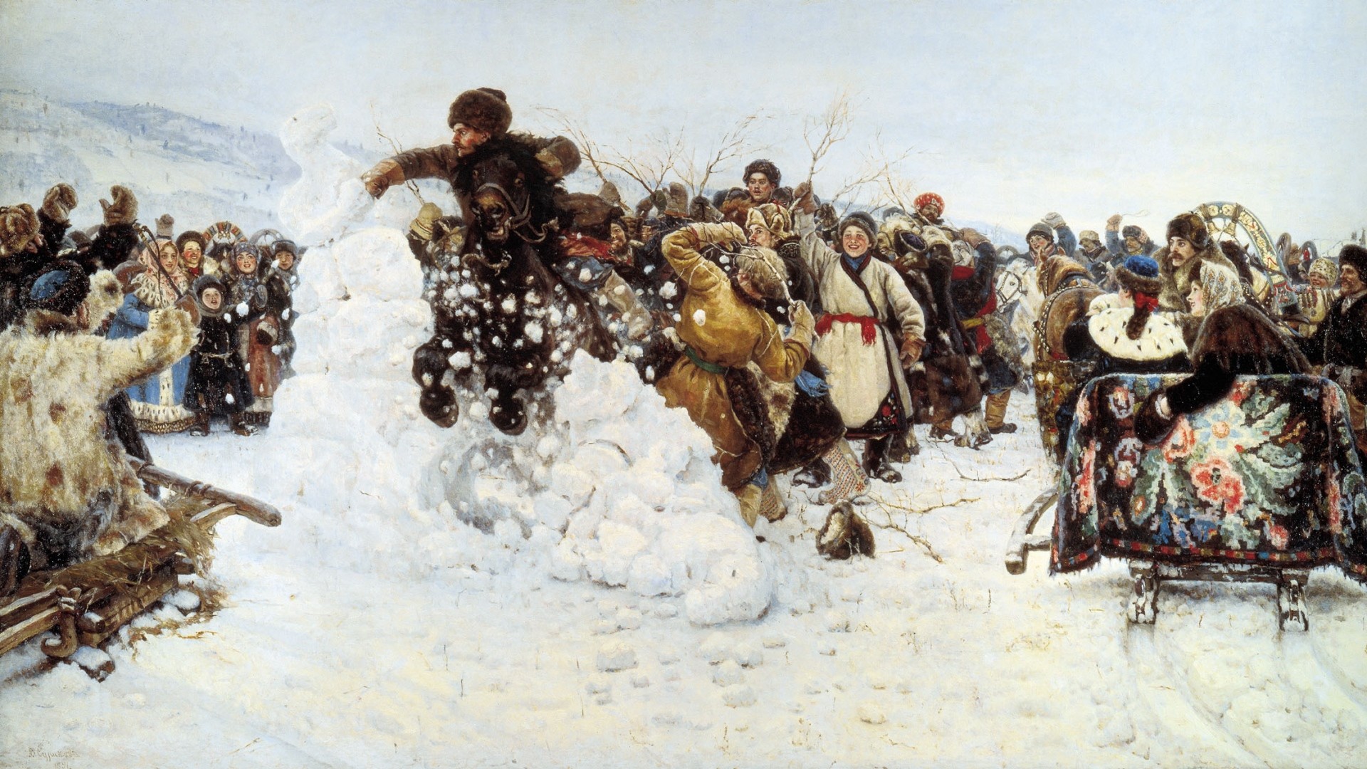 Vasily Surikov, La presa della fortezza di neve, Maslenitsa, Pittura, Inverno, sfondo desktop