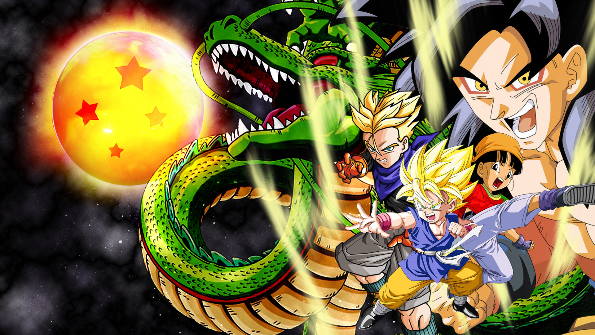 Goku, Shenron, Pan, Trunks, Dragon Ball GT, Full HD, sfondo desktop
