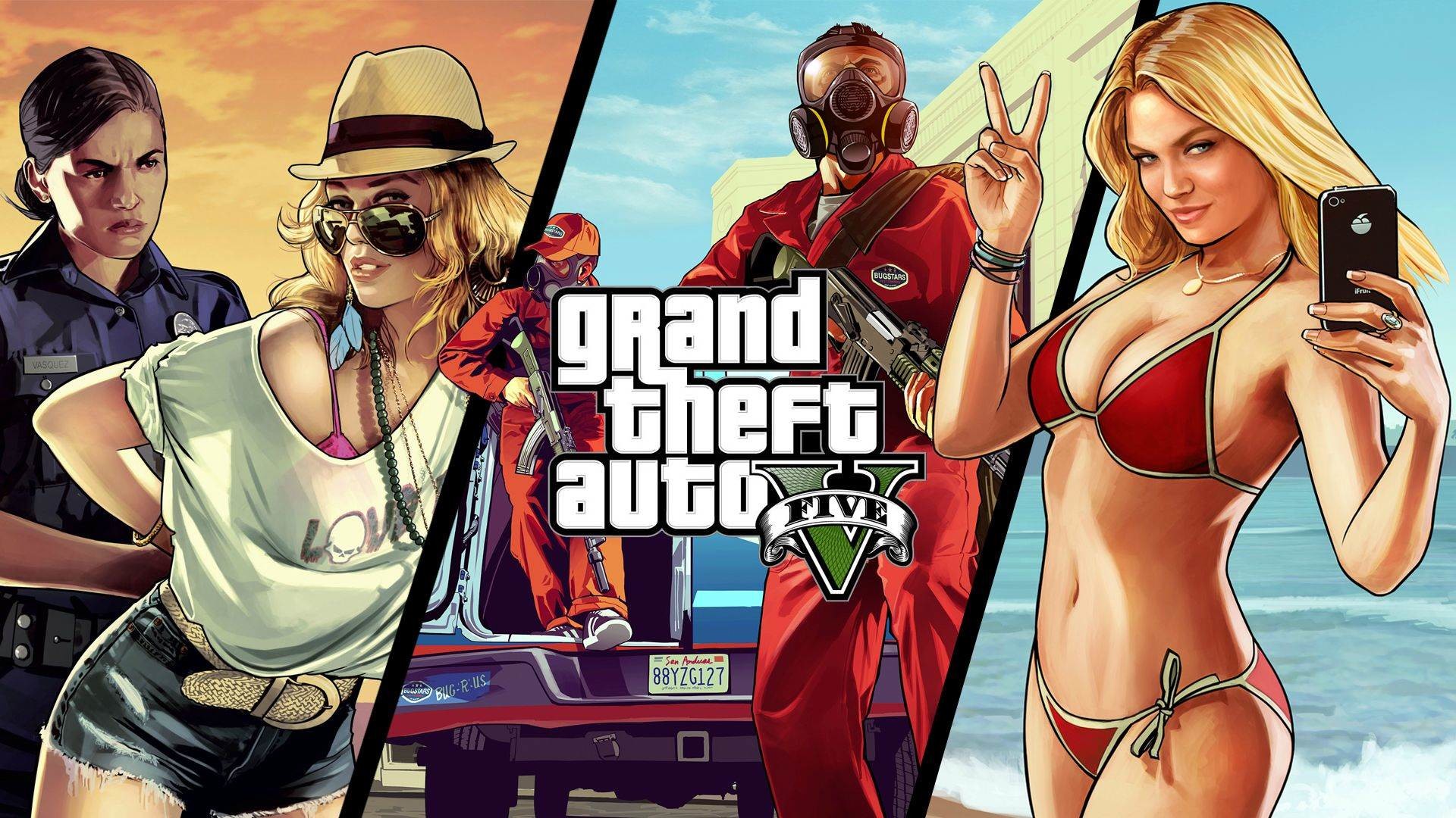 Grand Theft Auto V, Copertina, Bikini, Poliziotta, Illustrazione, sfondo desktop 1920x1080