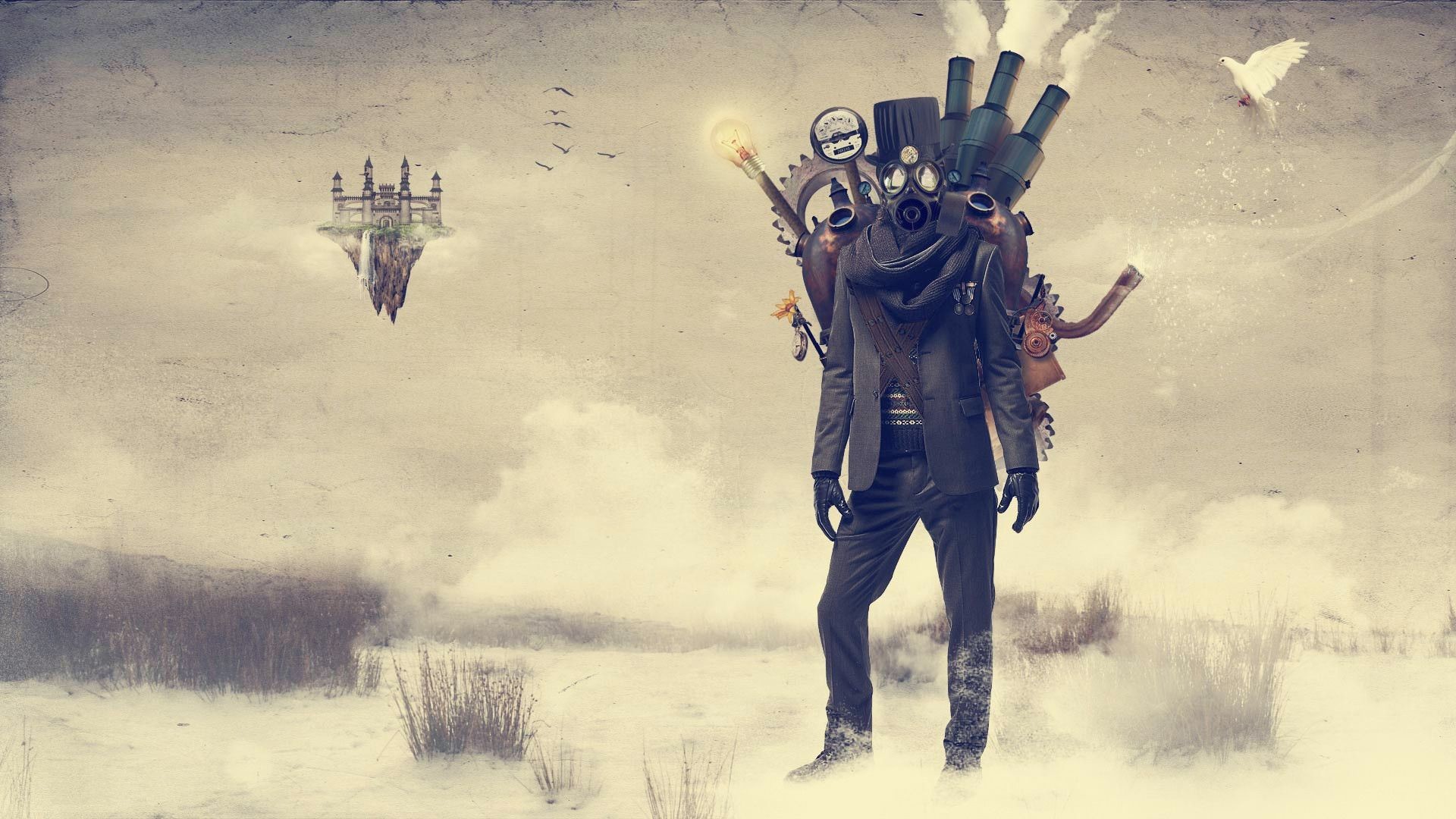 Uomo con macchina, Città volante, Surreale, Steampunk, Full HD 1080p, sfondo desktop