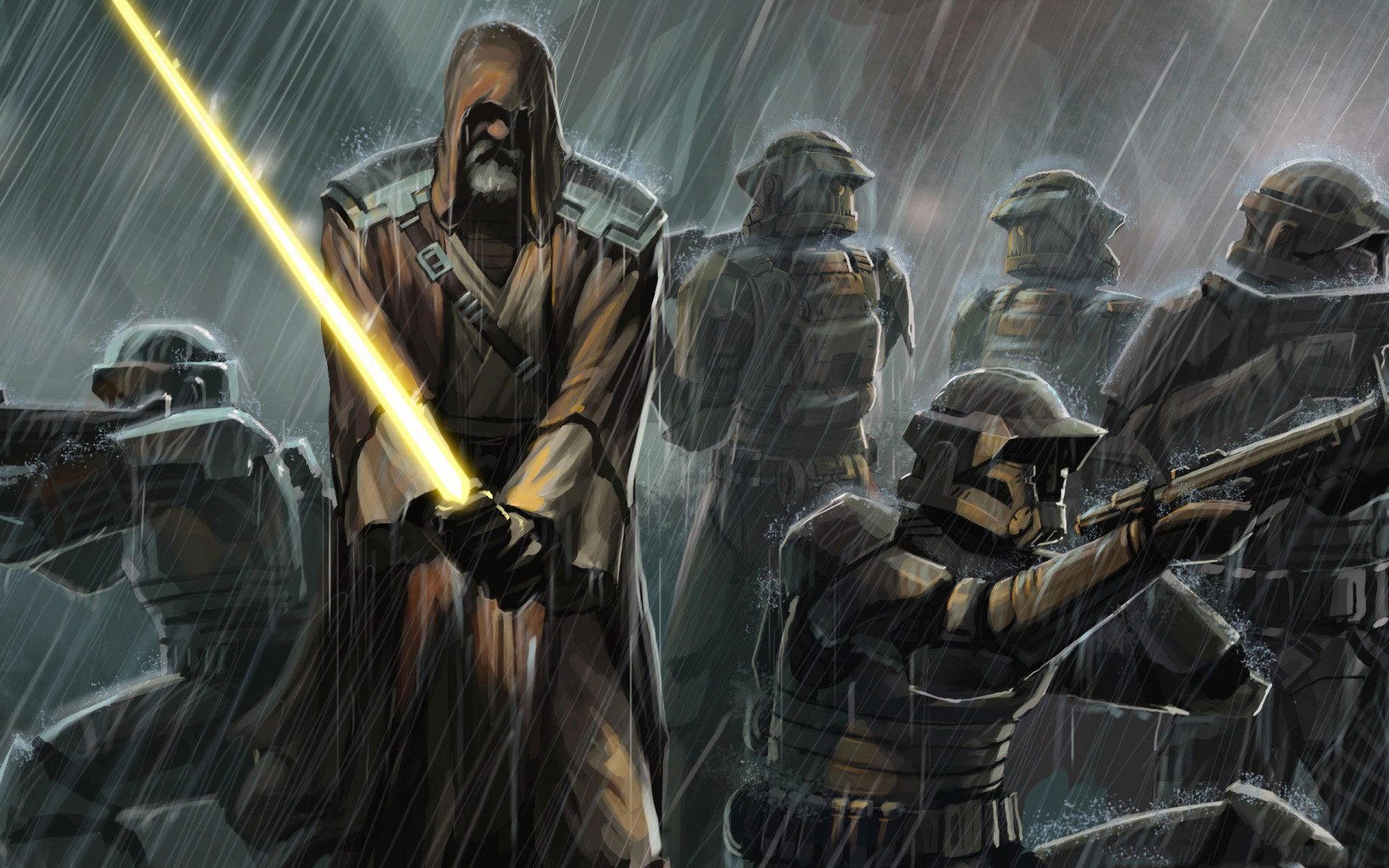 Obi-Wan Kenobi, Clone trooper, Spada laser, Star Wars, Pioggia, 1920x1200, immagine di sfondo