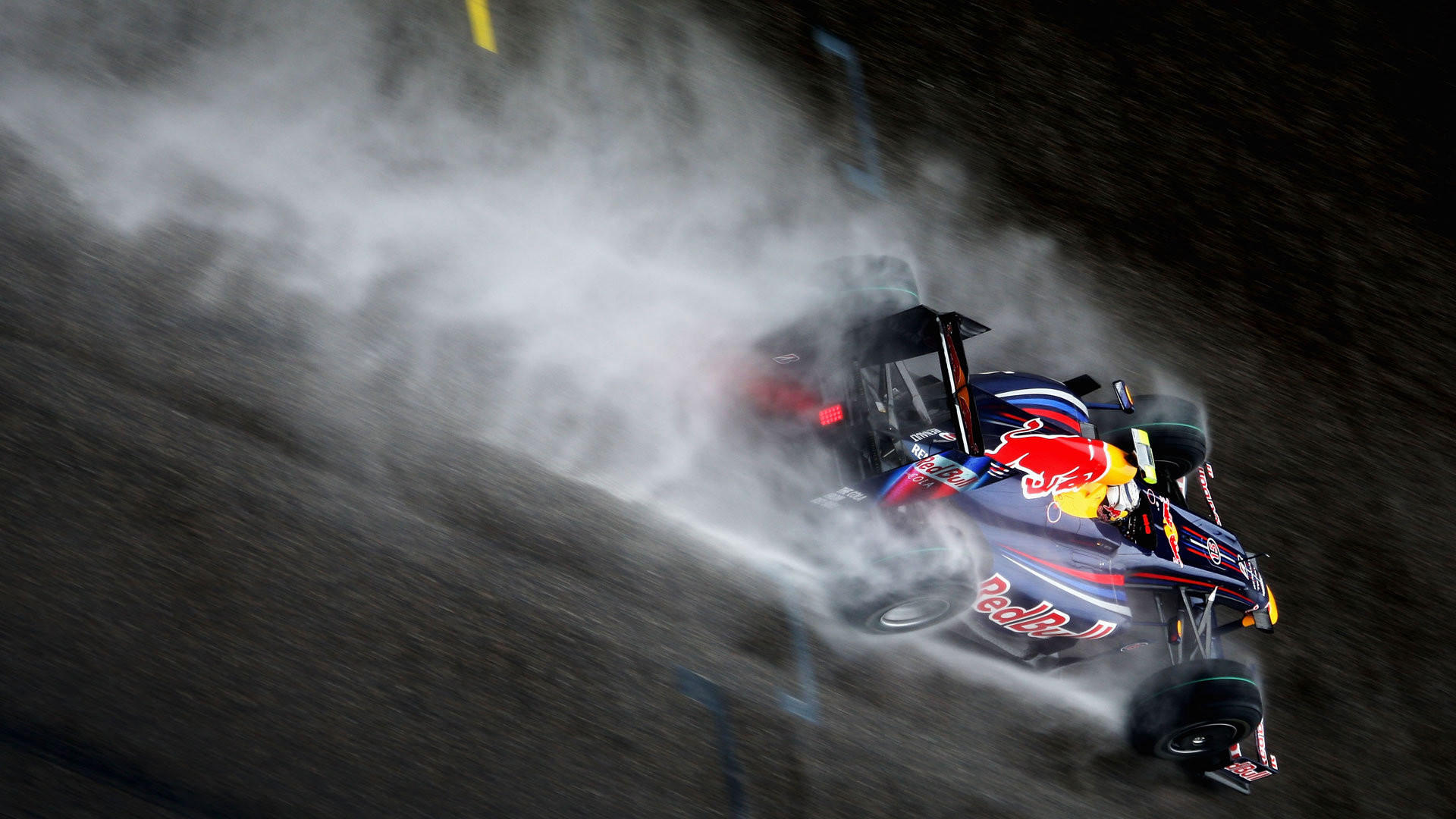 Red Bull Racing, Formula 1, Fumo degli pneumatici, Vista dall'alto, sfondo 16:9 Full HD