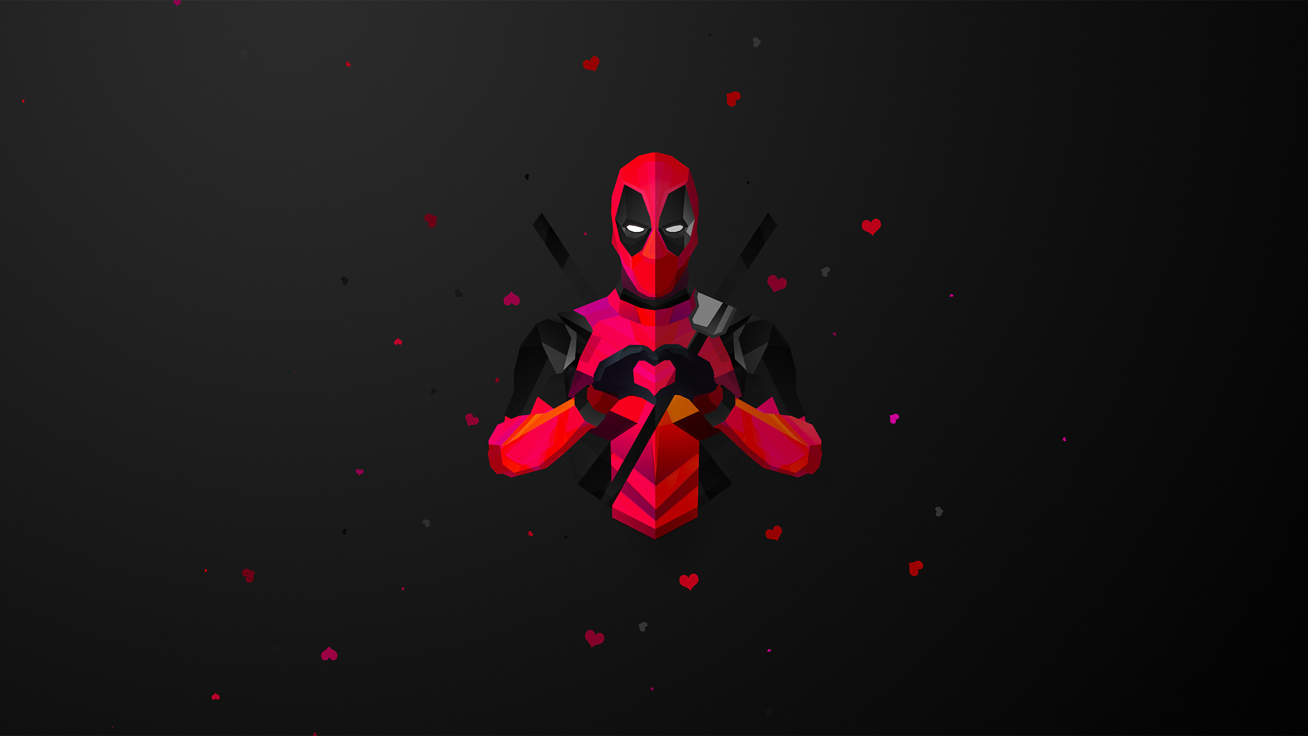 Deadpool, Marvel, Cuori, Low poly, Sfondo nero, 2K, wallpaper per computer