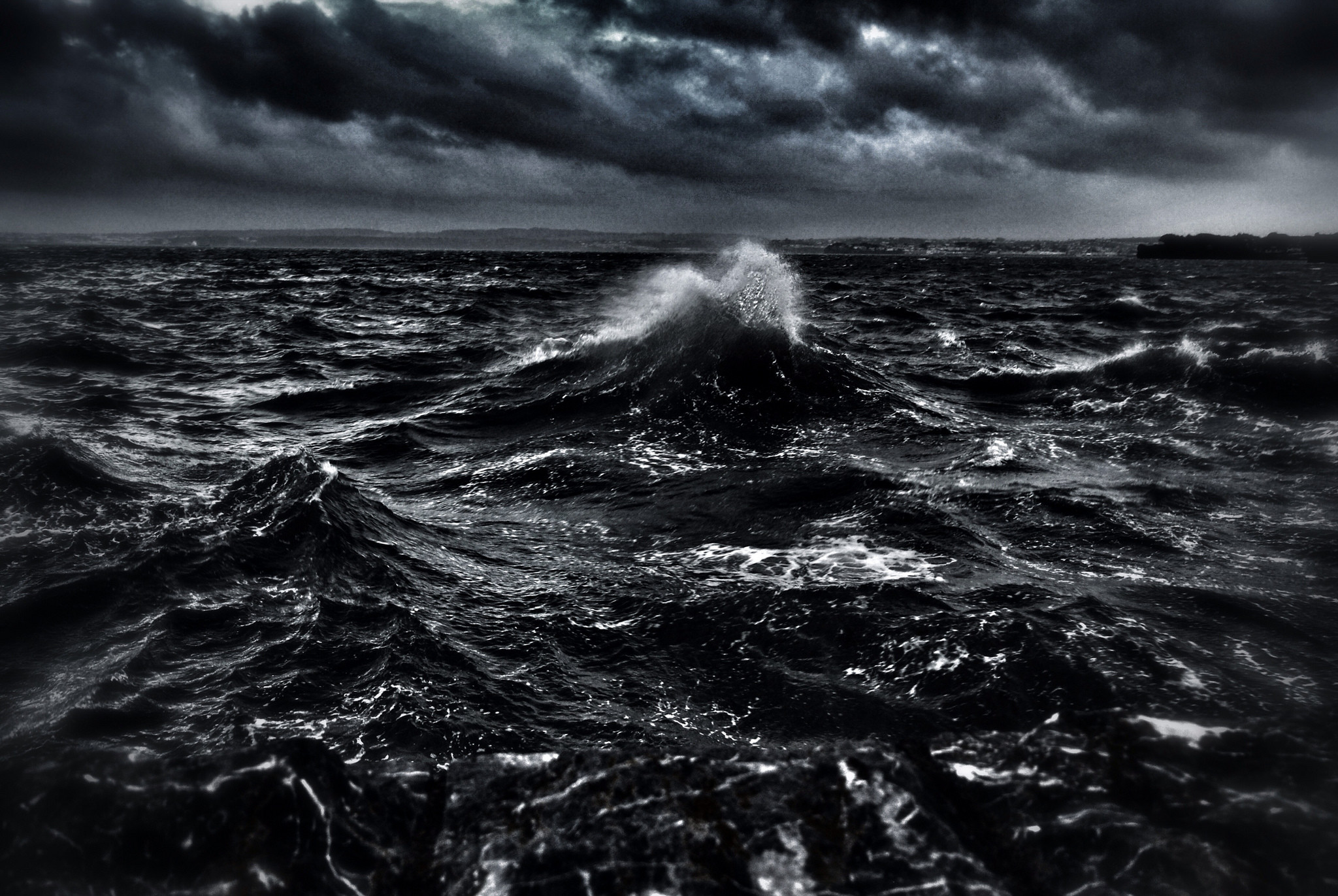 Mare in tempesta, Onde, Bianco e nero, Full HD, sfondo desktop