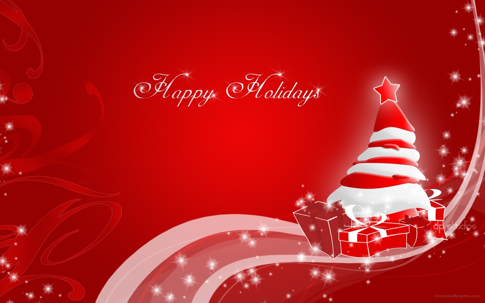 Happy Holidays, Albero di Natale, Regali, Sfondo rosso, Full HD, wallpaper desktop
