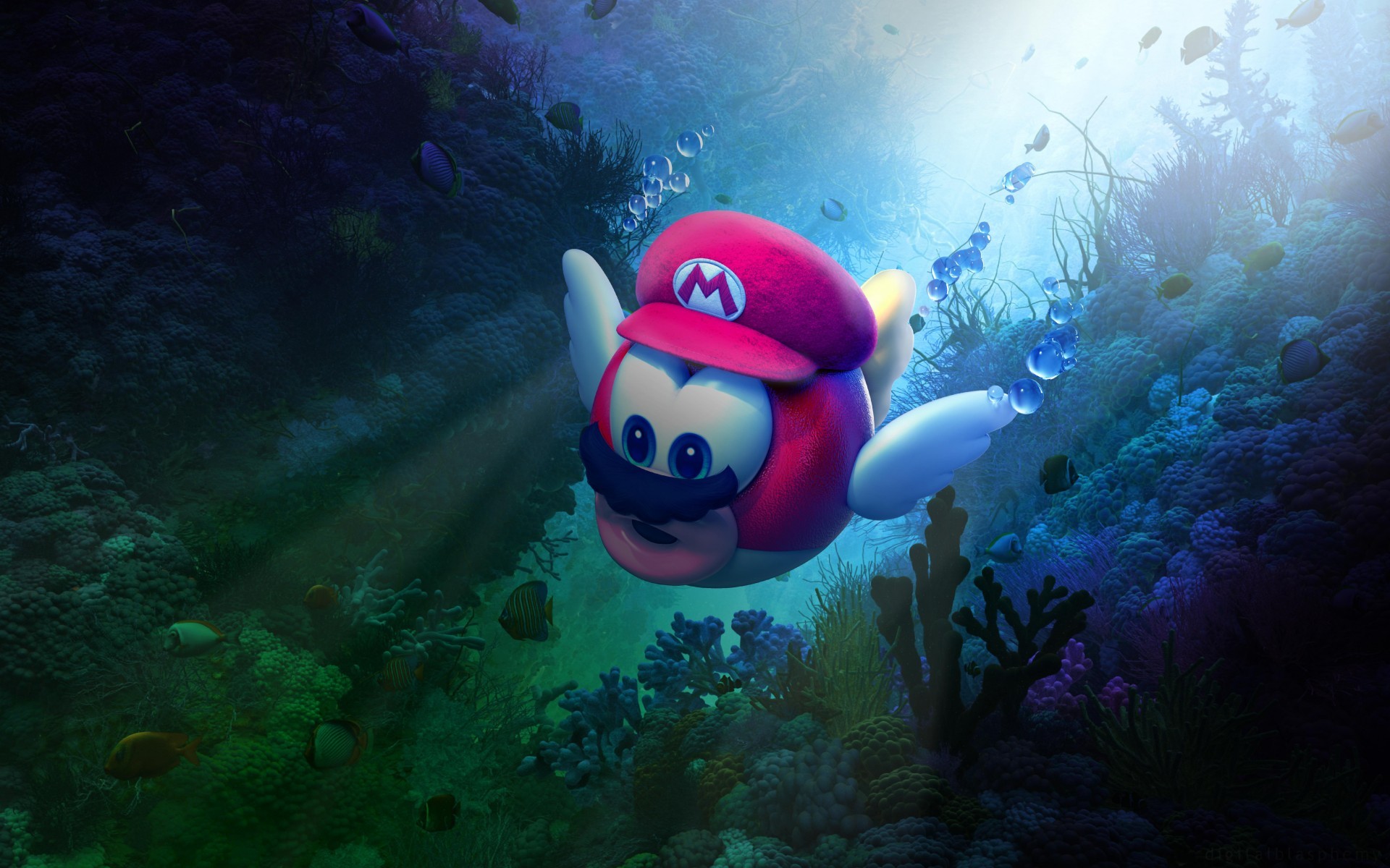 Mario, Super Mario Sunshine, Subacqueo, Oceano, Raggi di luce, Full HD, sfondo Windows 11