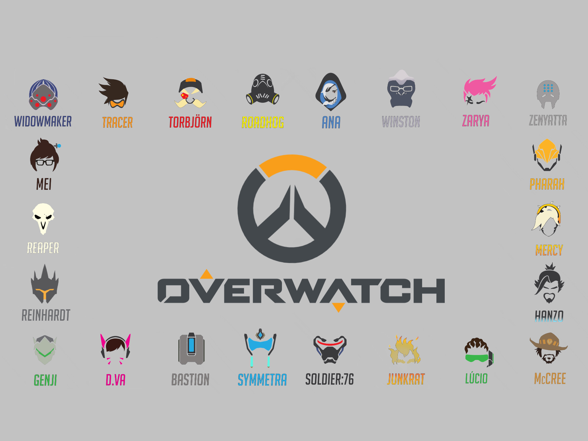 Overwatch, Logo, Icone degli eroi, Sfondo grigio, Full HD, schermata di blocco iPad