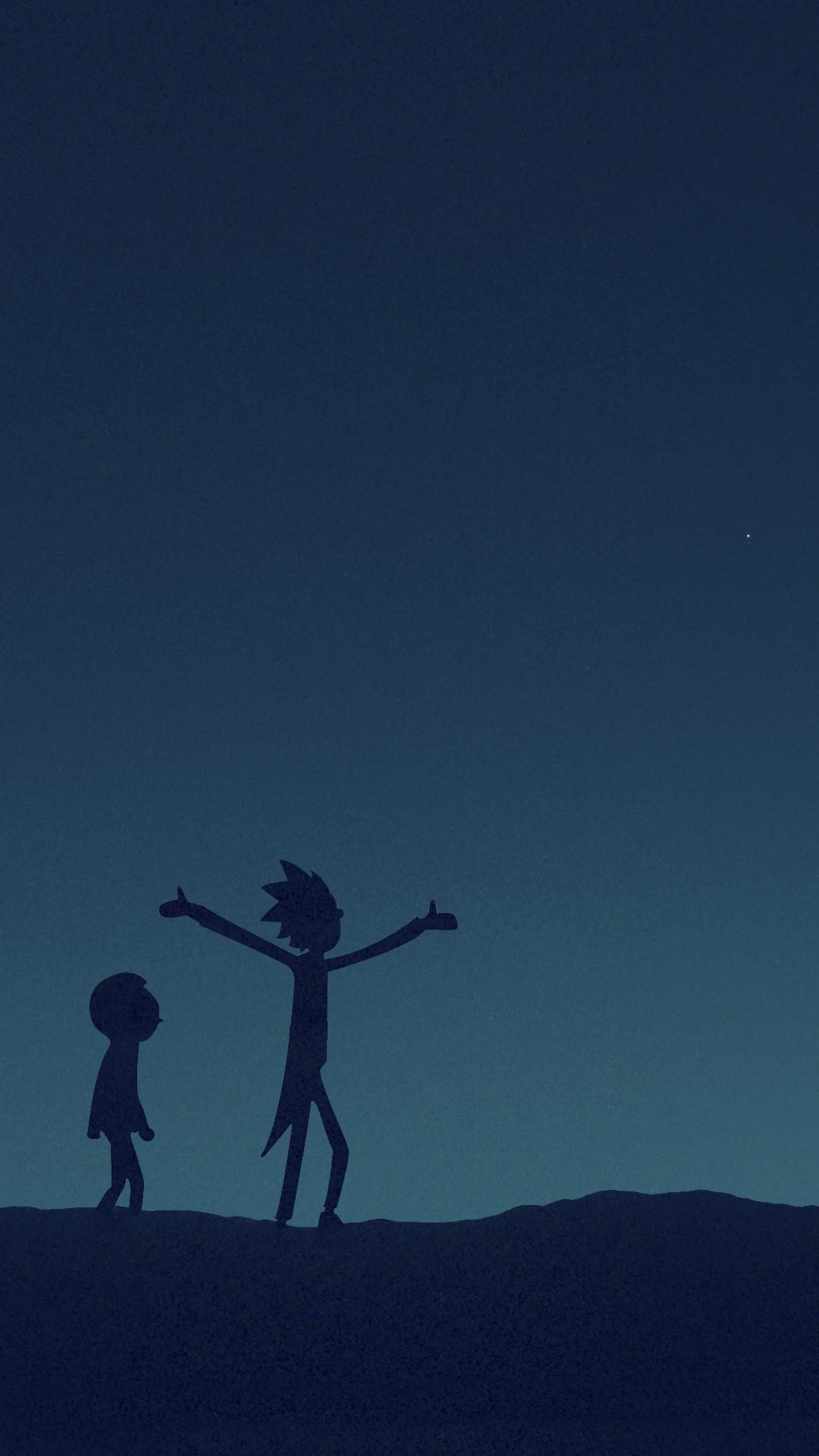 Rick Sanchez, Morty Smith, Rick and Morty, Silhouette, Toni blu, sfondo Full HD per cellulare