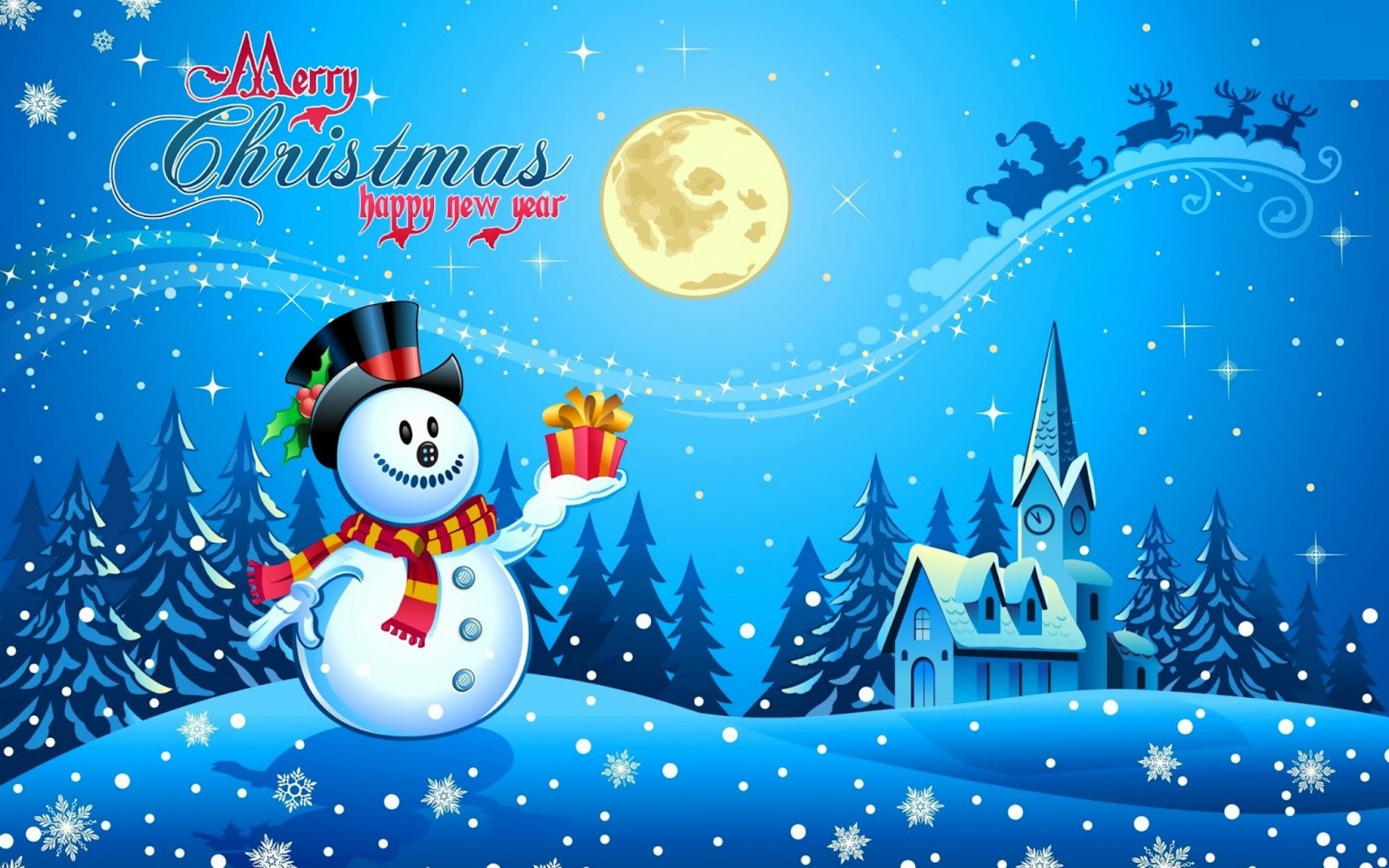 Pupazzo di neve, Chiesetta, Slitta di Babbo Natale, Luna, Blu, 16:10 Full HD, sfondo widescreen
