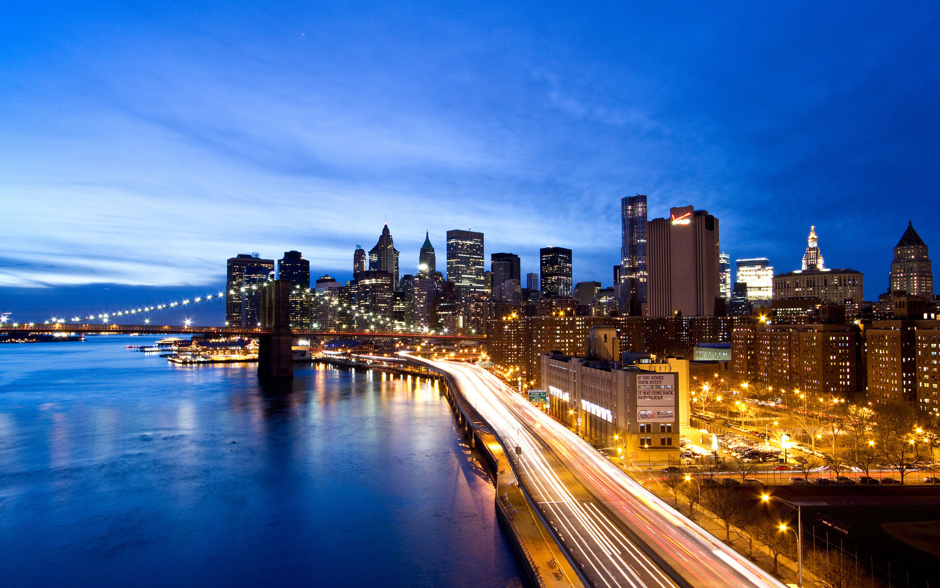 Manhattan, New York, Ponte di Brooklyn, Skyline, Crepuscolo, sfondo per desktop