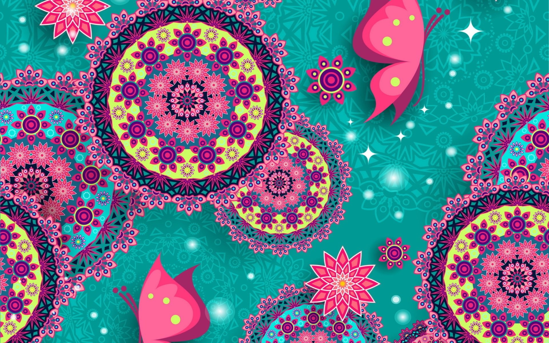 Mandala, Farfalle, Turchese, Fucsia, 16:10 Full HD, sfondo widescreen