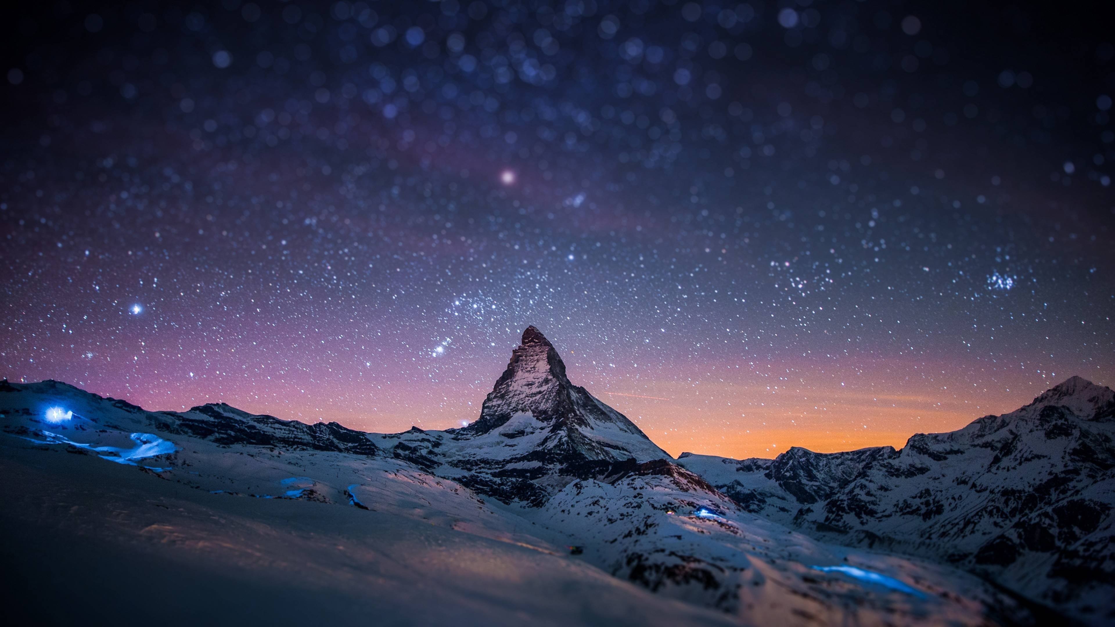 Cervino, Matterhorn, Cielo stellato, Alpi, Neve, 4K, sfondo per PC e portatile