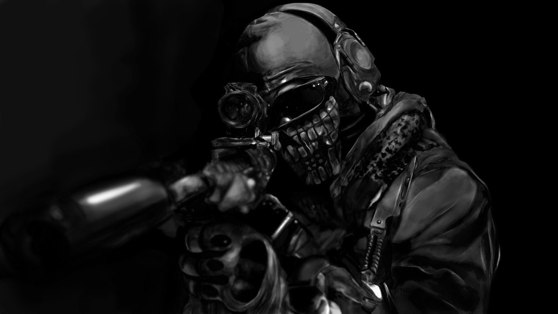 Call of Duty: Ghosts, Ghost, Cecchino, Bianco e nero, Full HD, wallpaper per portatile