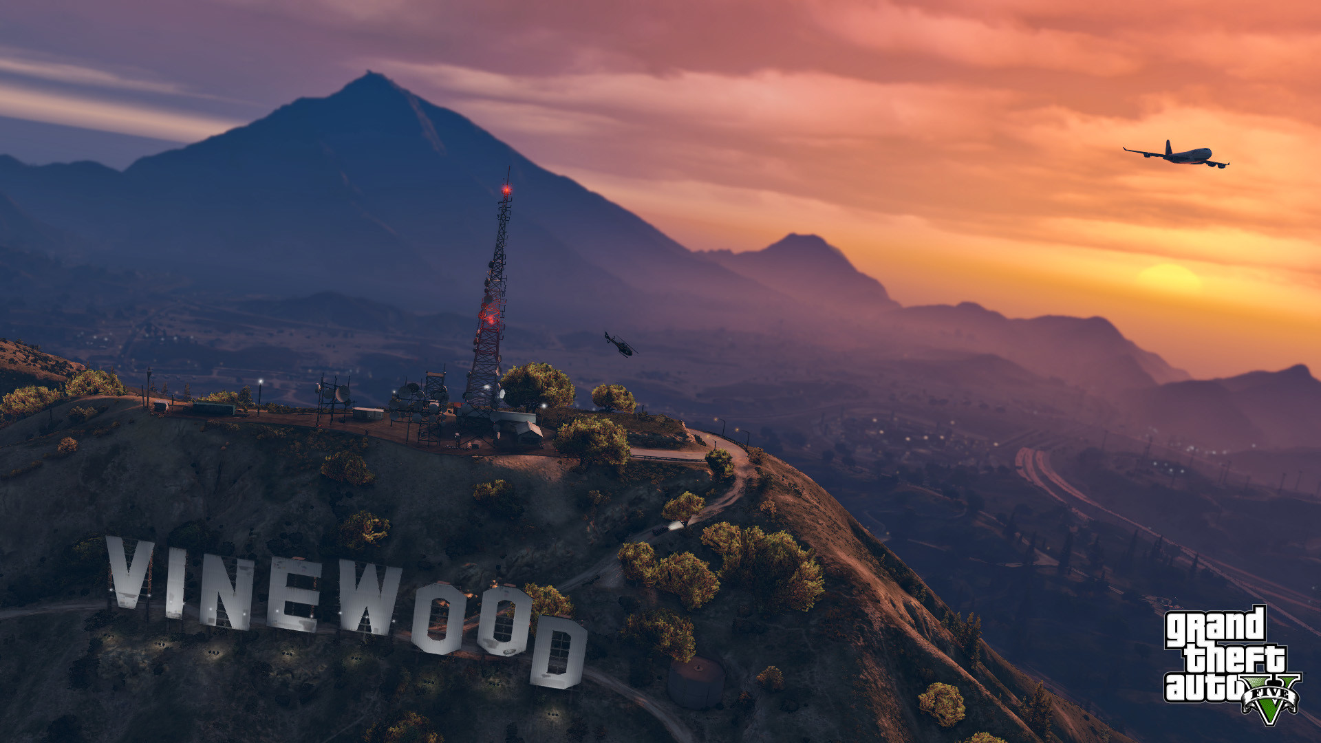 Grand Theft Auto V, Insegna Vinewood, Vinewood Hills, Tramonto, Full HD, sfondo per PC e portatile