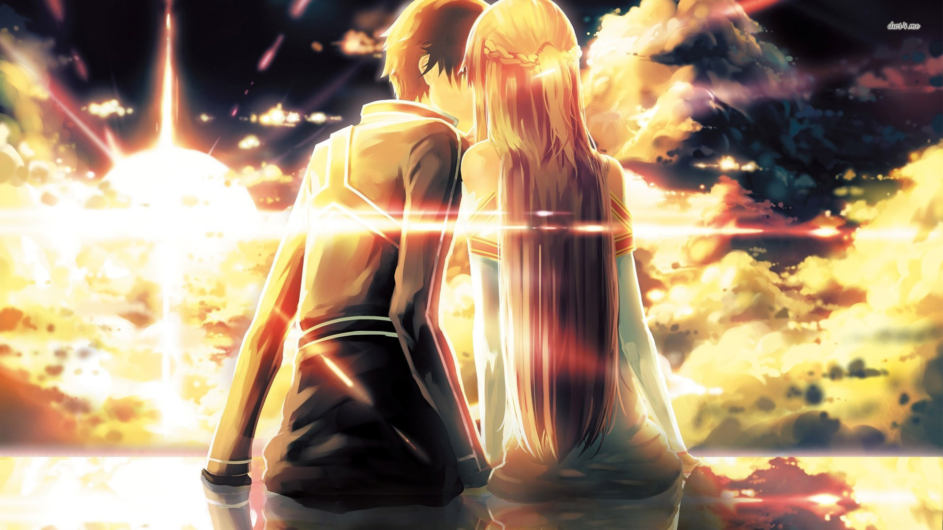 Kirito, Asuna, Sword Art Online, Tramonto, Bacio, 1920x1080, immagine di sfondo