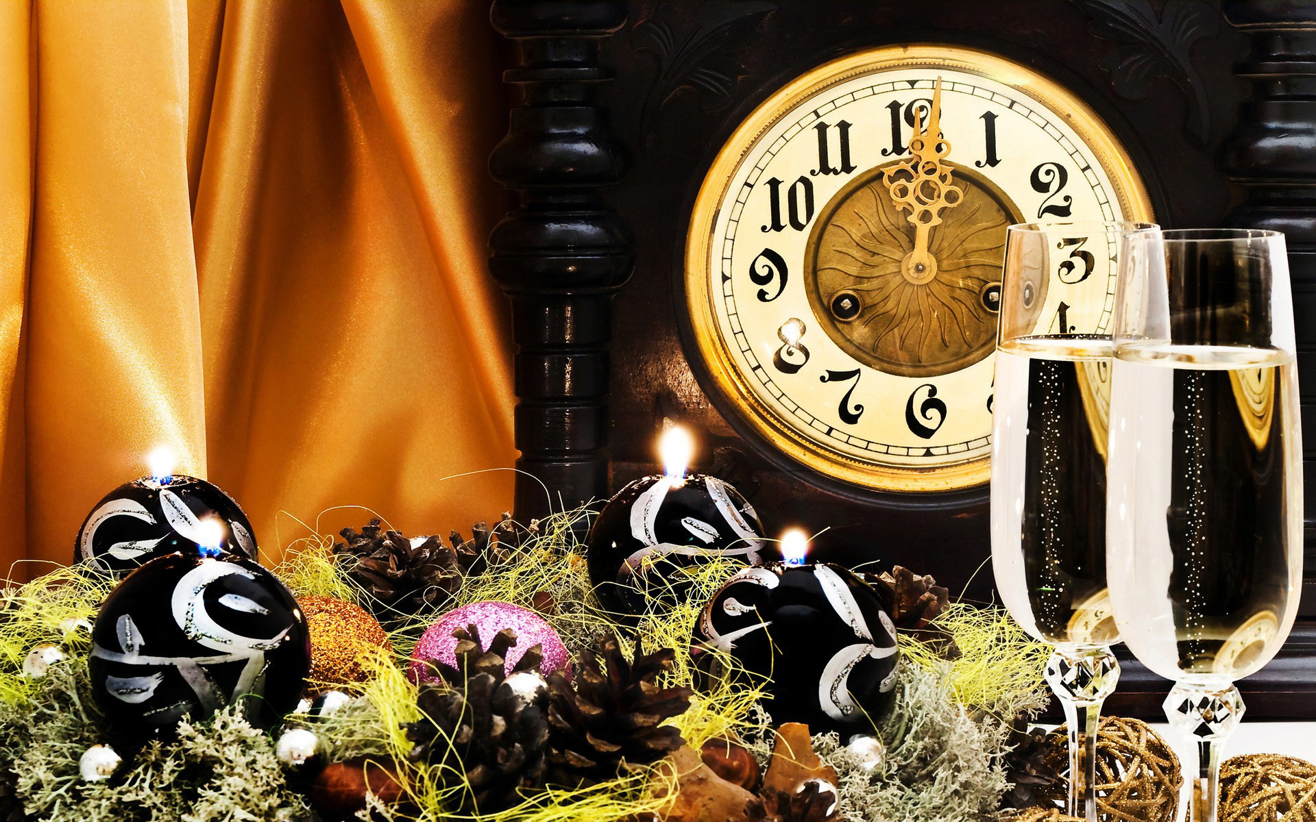 Orologio, Mezzanotte, Calice di champagne, Palline di Natale, 16:10 Full HD, sfondo widescreen