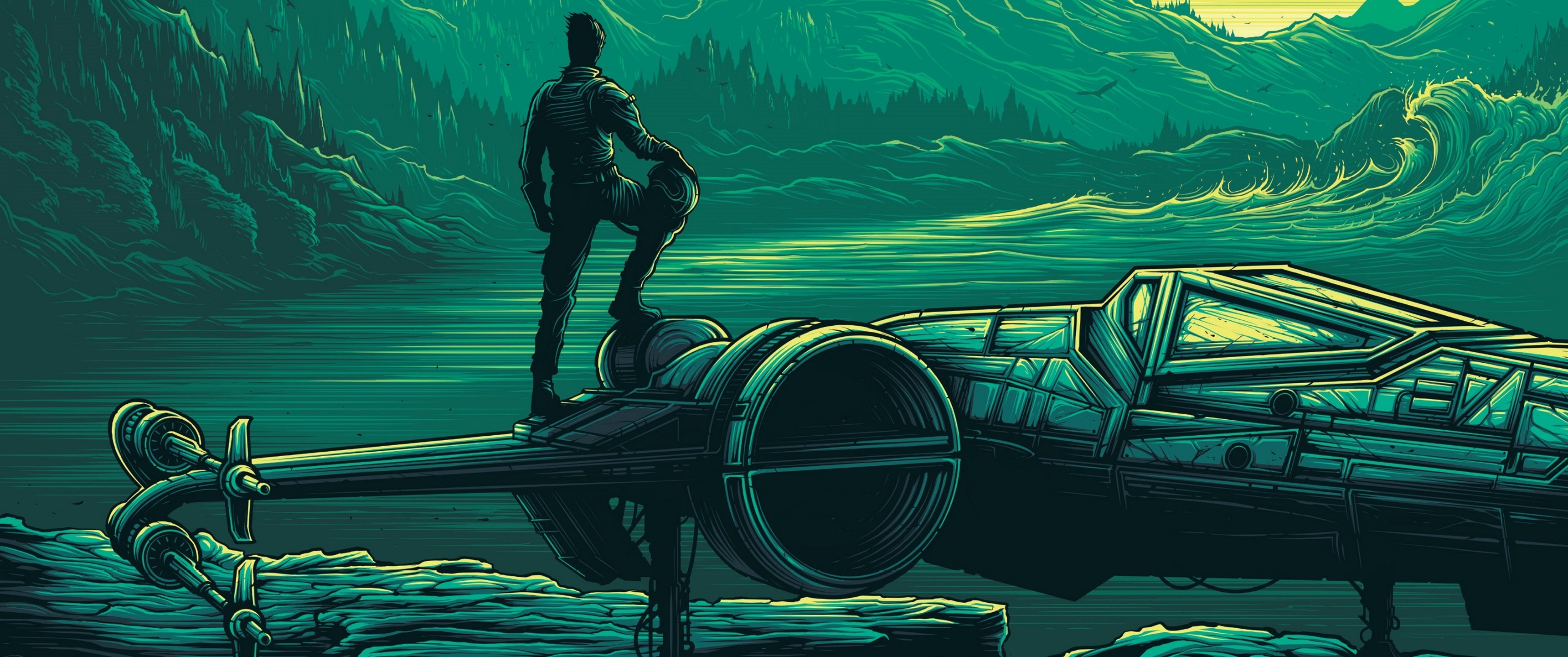 Il risveglio della Forza, Millennium Falcon, Finn, Star Wars, Illustrazione, Verde, sfondo ultrawide