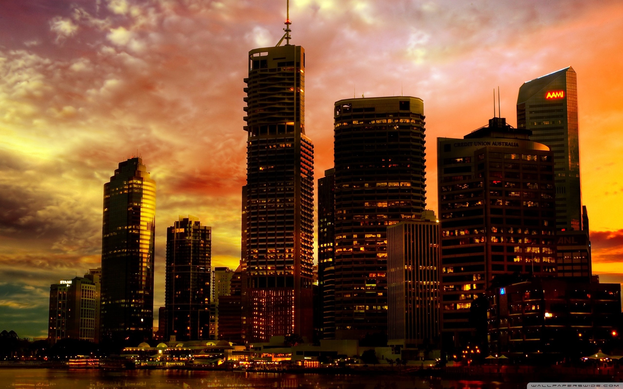 Grattacieli, Tramonto, Cielo infuocato, Skyline, 2560x1600, sfondo MacBook Pro