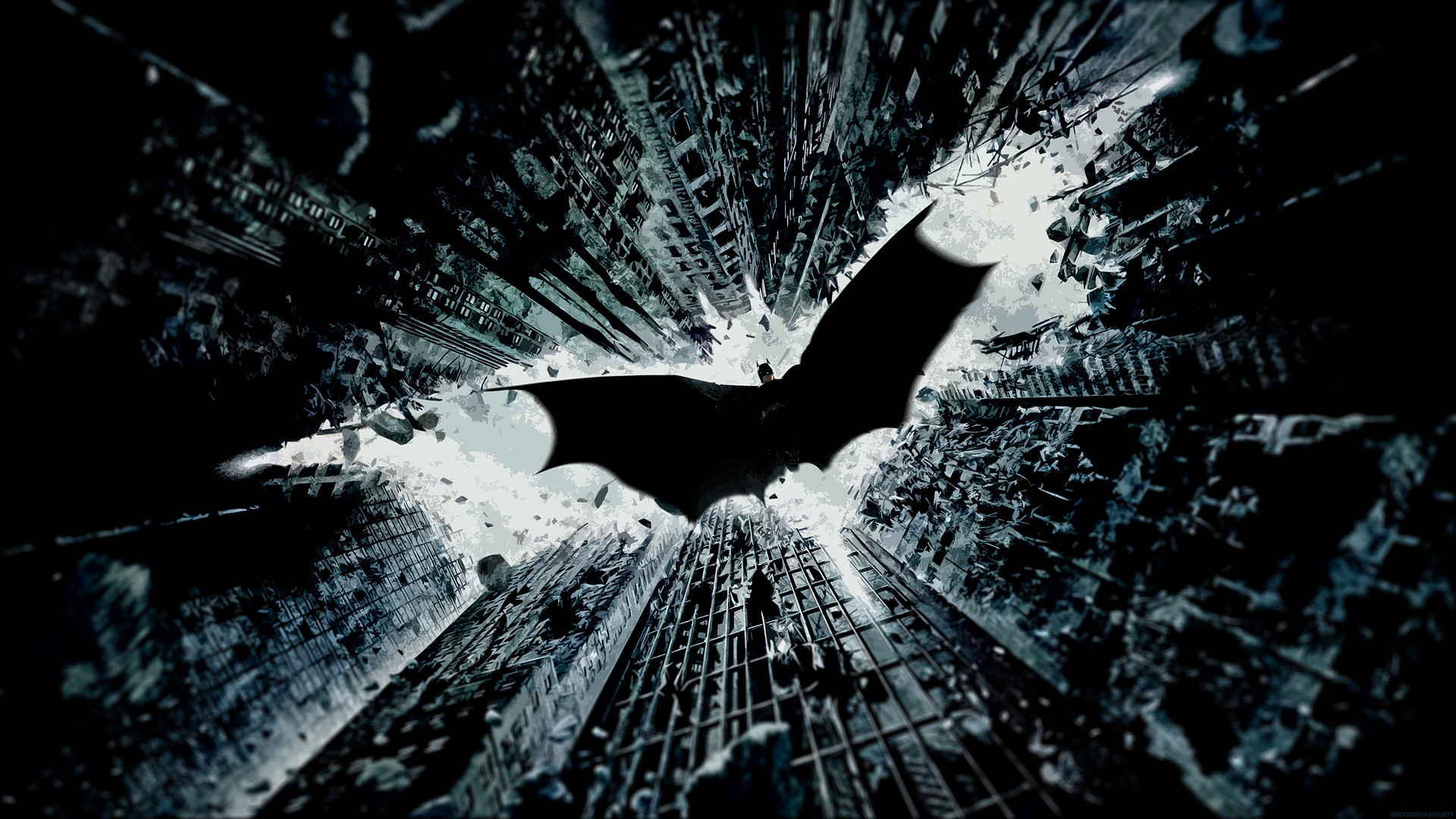 Batman, Il cavaliere oscuro, Simbolo di Batman, Grattacieli, Esplosione, sfondo desktop 1080p
