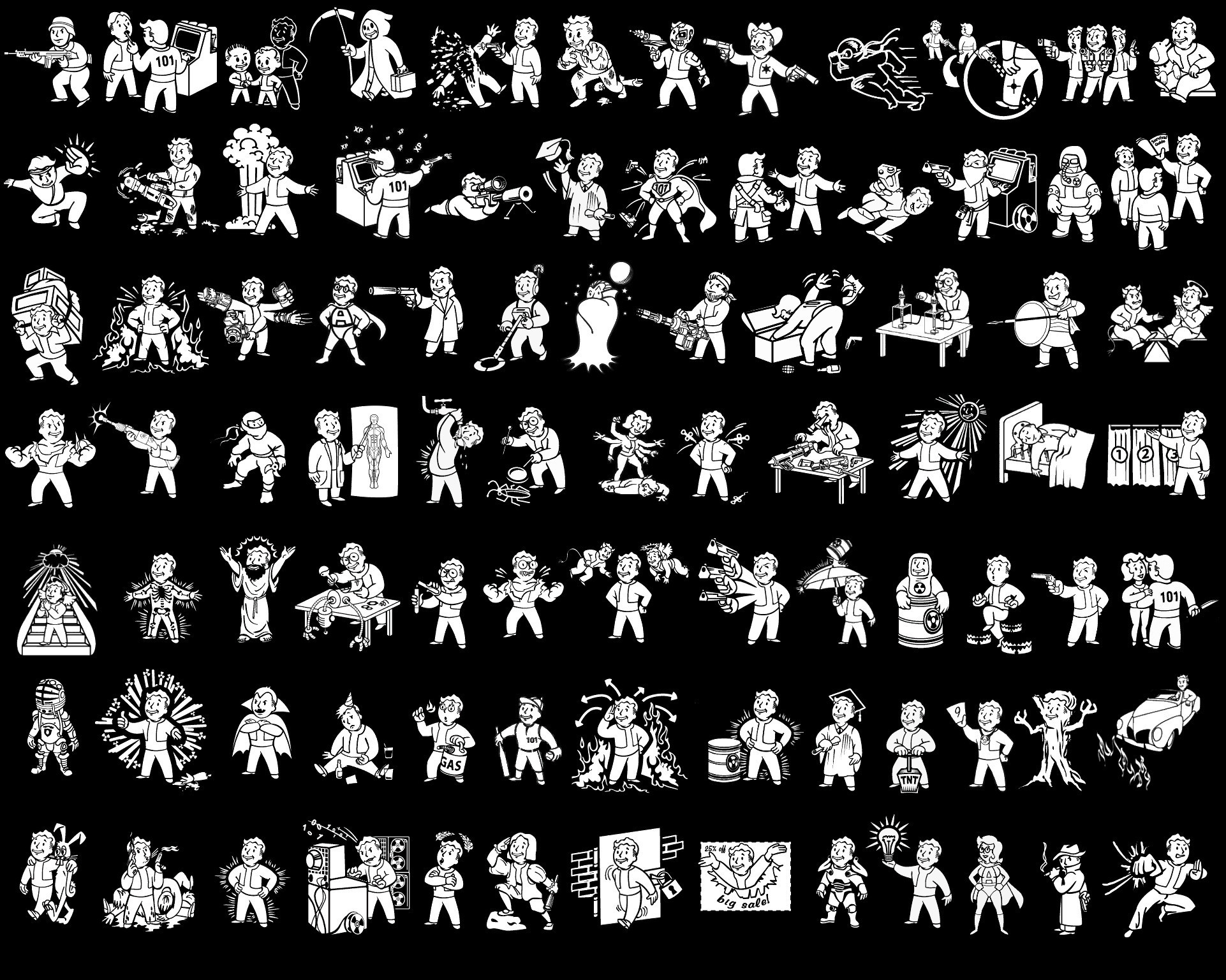Vault Boy, Fallout, Collage, Sfondo nero, Icone, Full HD, wallpaper per computer