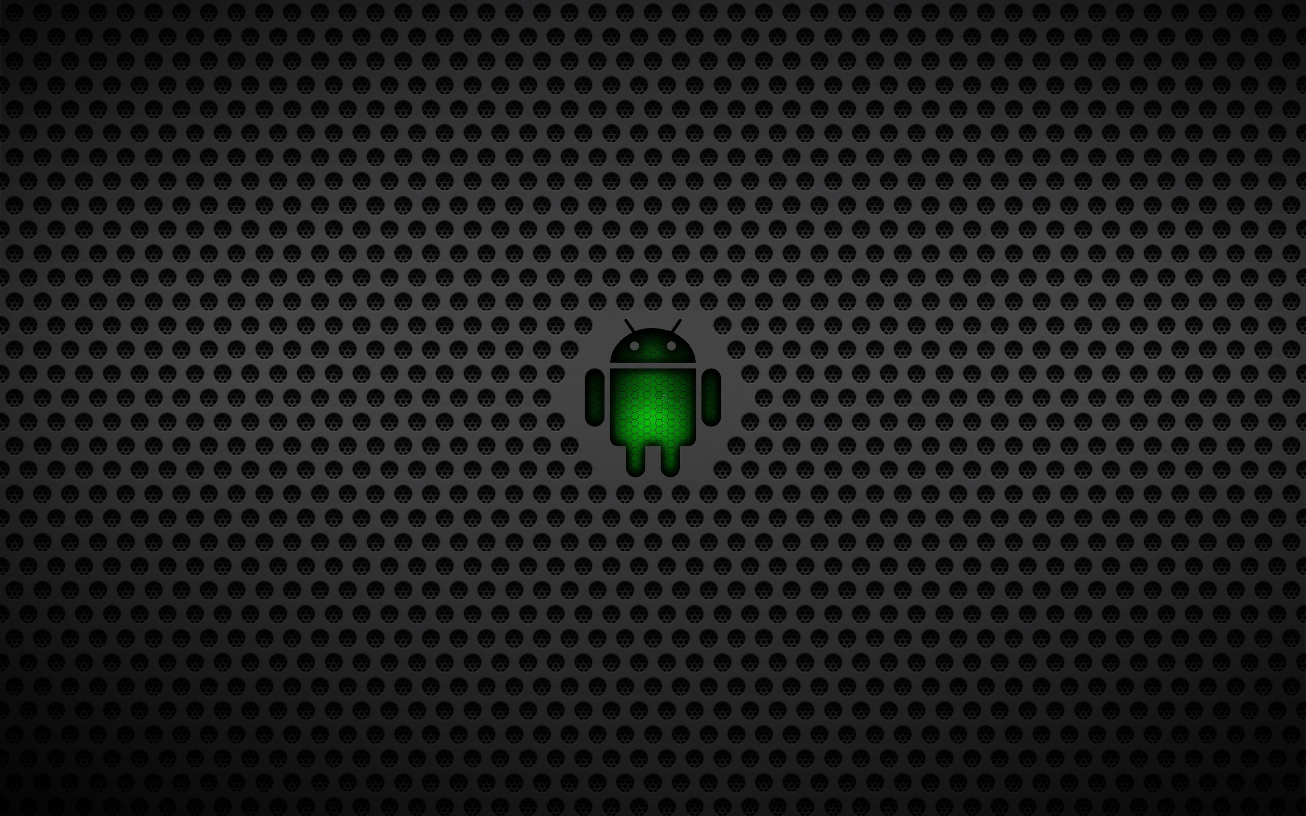 Android, Logo, Griglia metallica, Sfondo nero, 2K, wallpaper per computer