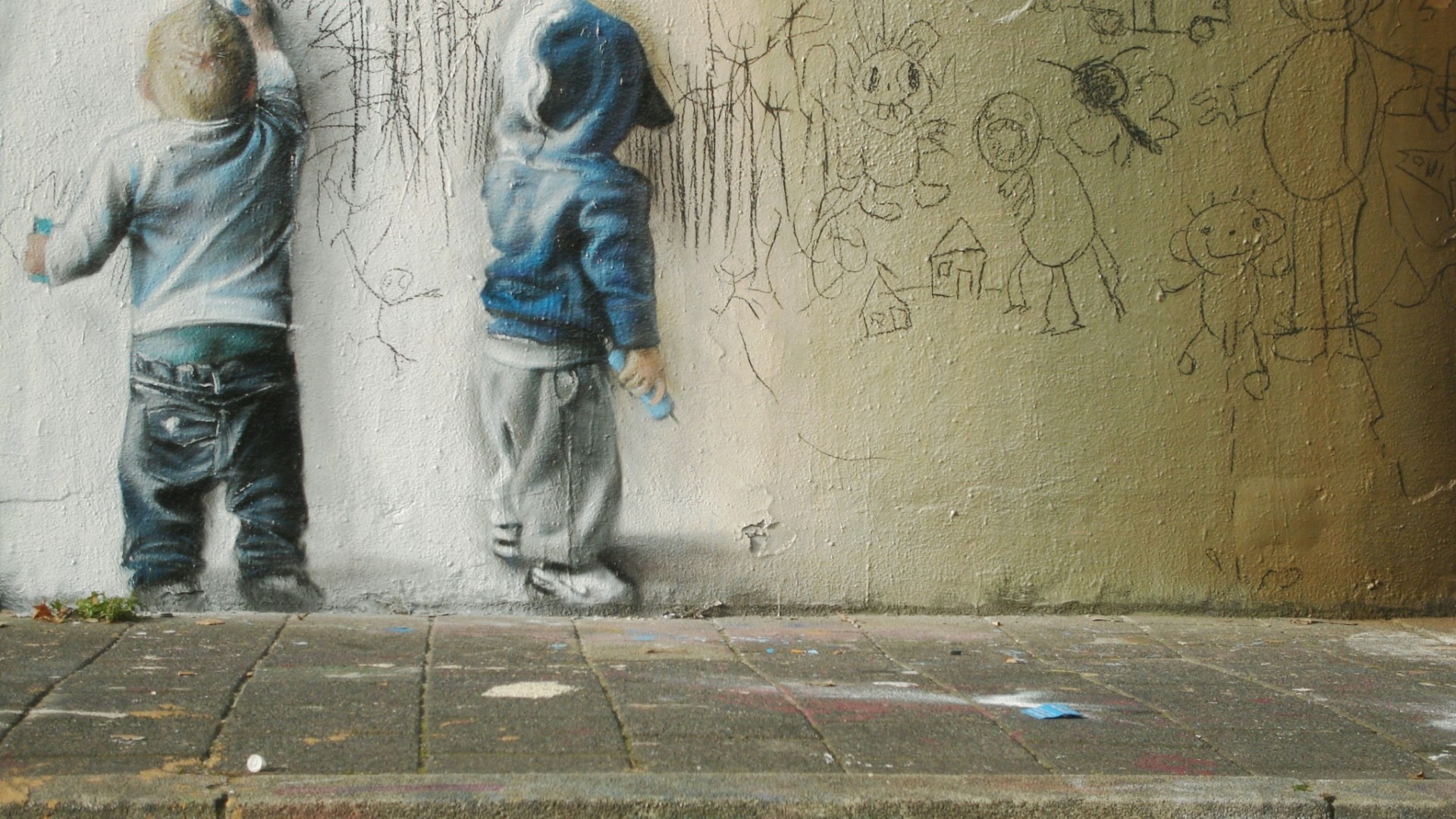 Bambini, Disegni sul muro, Murale, Realismo, 16:9 Full HD, sfondo widescreen