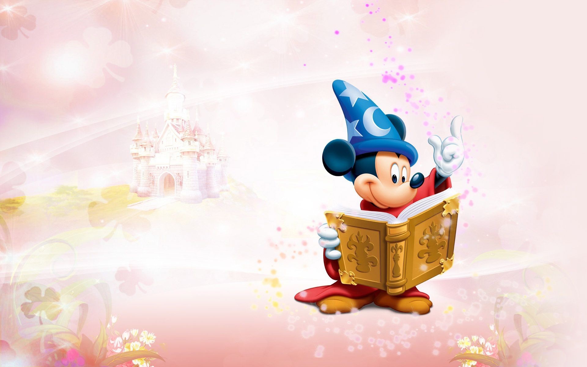 Topolino, Fantasia, Apprendista stregone, Libro magico, Rosa, Full HD, sfondo per PC e portatile