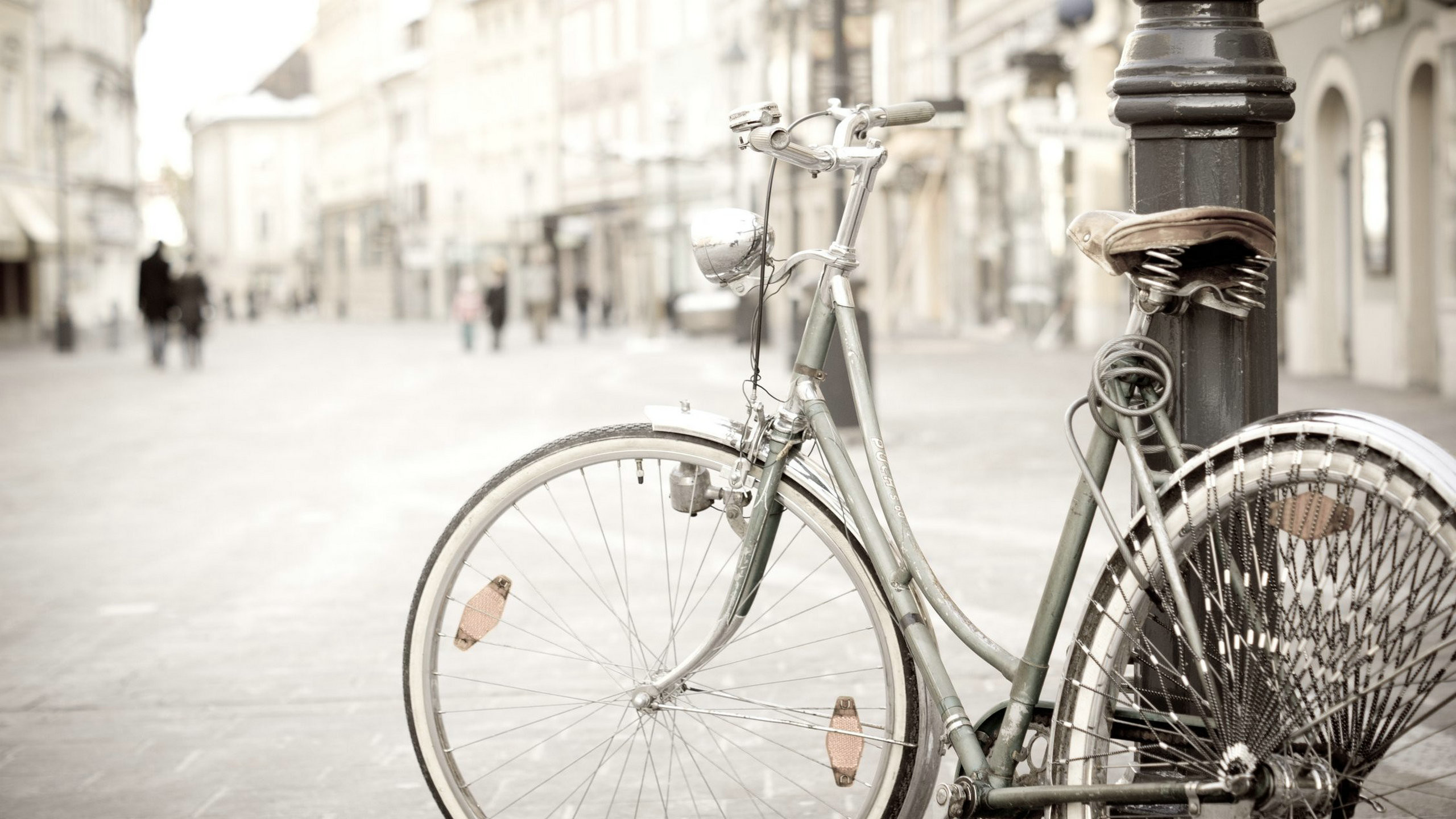 Bicicletta, Lampione, Strada, Bianco e nero, 2560x1440, immagine di sfondo