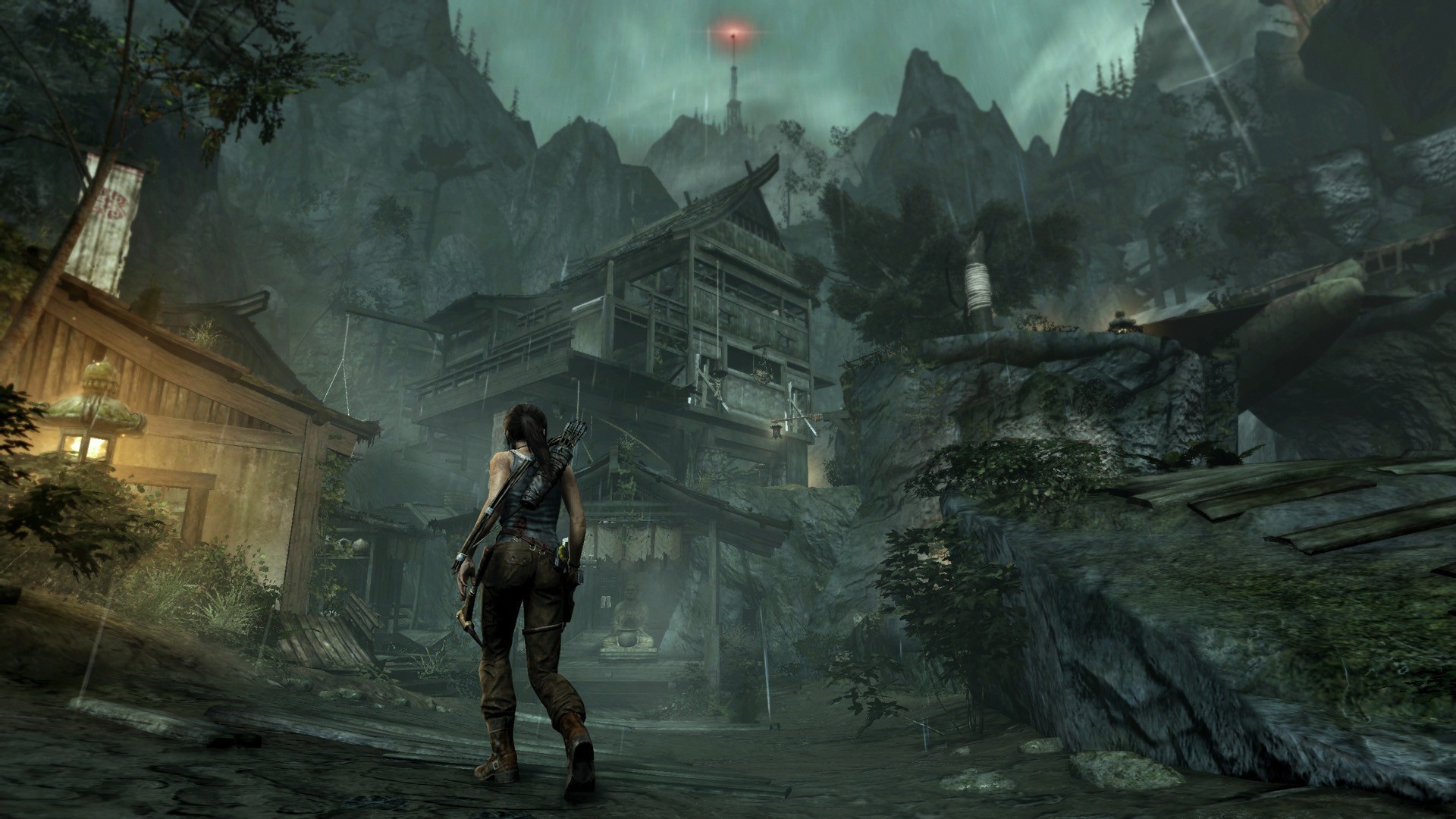 Lara Croft, Tomb Raider (2013), Yamatai, Villaggio, Pioggia, Full HD, wallpaper per PC