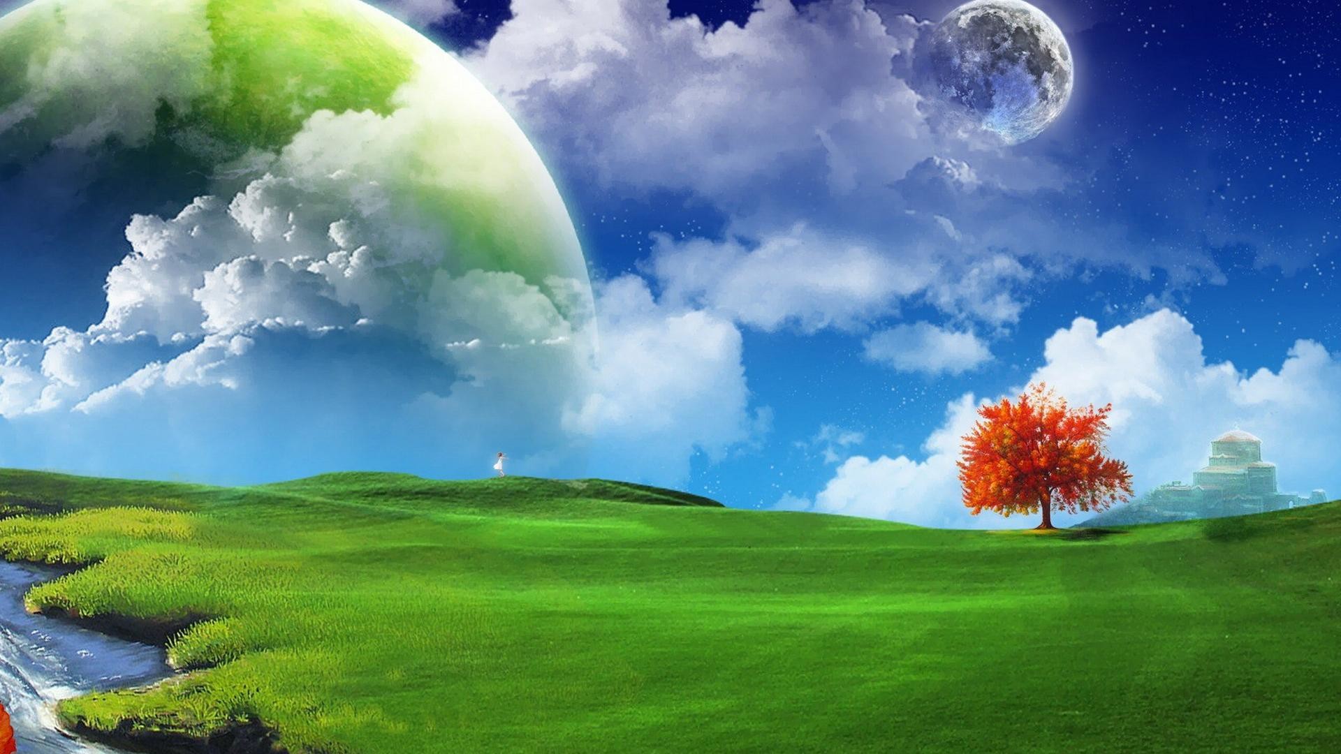 Prato, Pianeti, Albero rosso, Arte digitale, Full HD, sfondo per PC