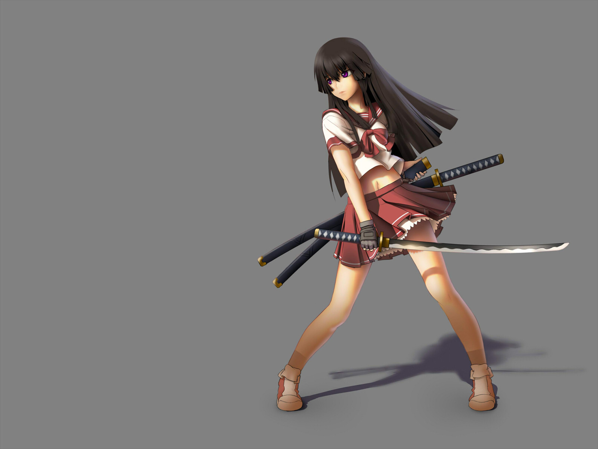 Ragazza anime, Katane, Uniforme scolastica, Sfondo grigio, Full HD, schermata di blocco iPad