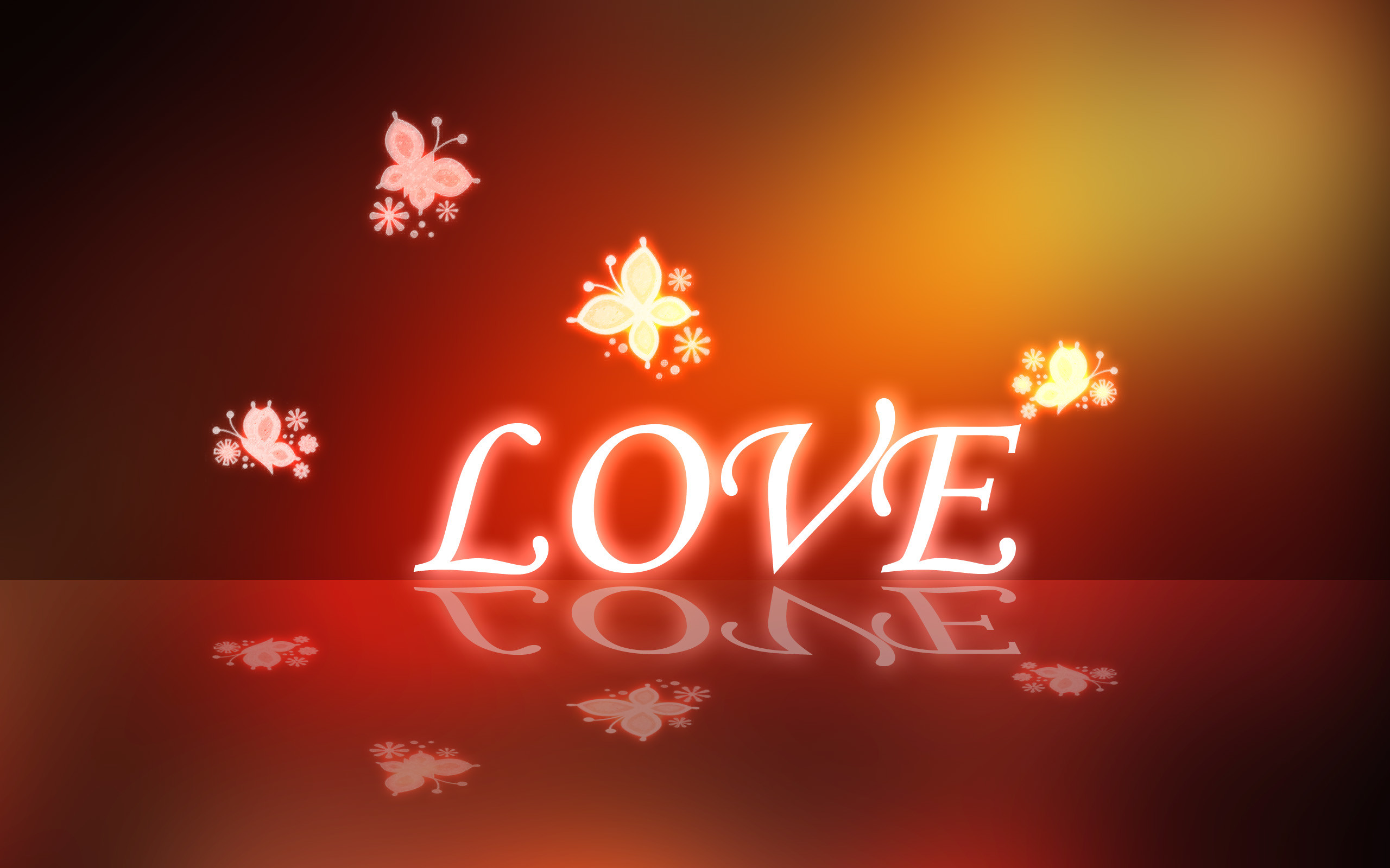 Scritta Love, Farfalle, Luce arancione, 2K, sfondo per PC