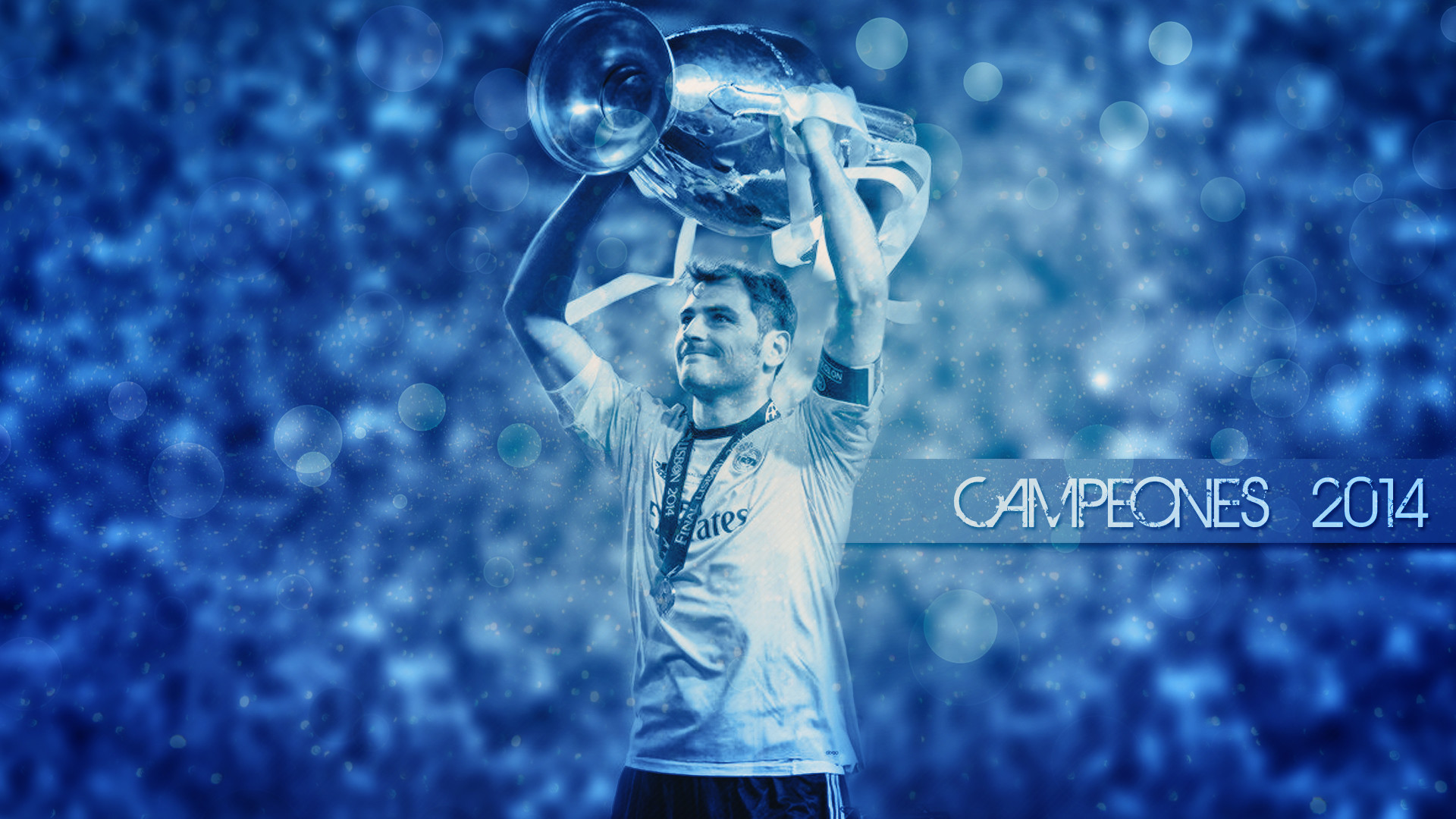 Iker Casillas, Real Madrid, Campeones 2014, Coppa dei Campioni, Bokeh blu, sfondo desktop 1080p