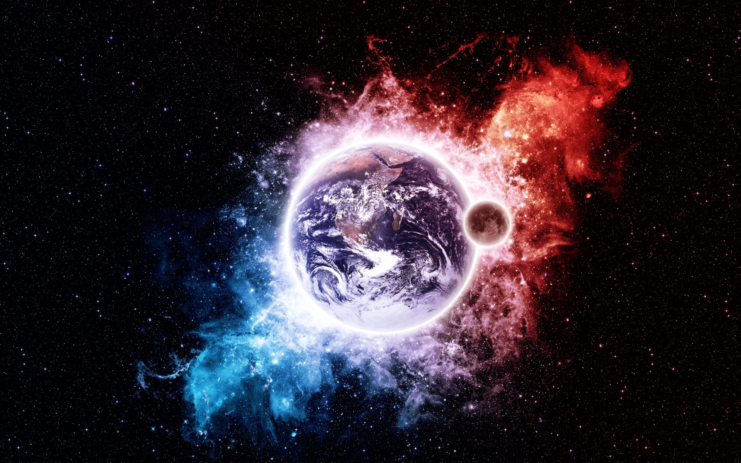 Terra, Fuoco e ghiaccio, Arte digitale, Stelle, 2K, sfondo per portatile