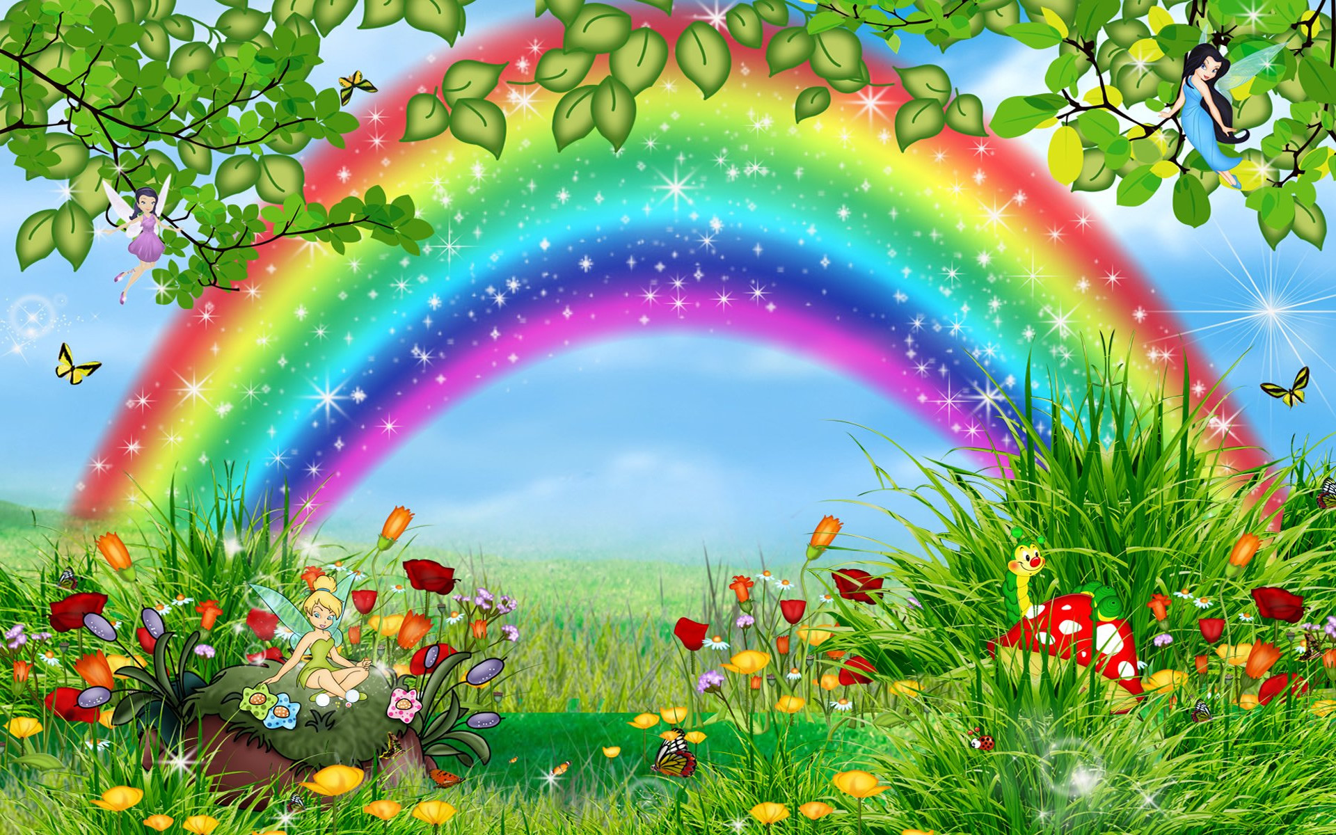 Arcobaleno, Prato fiorito, Fata, Funghi, Fiaba, 1920x1200, immagine di sfondo