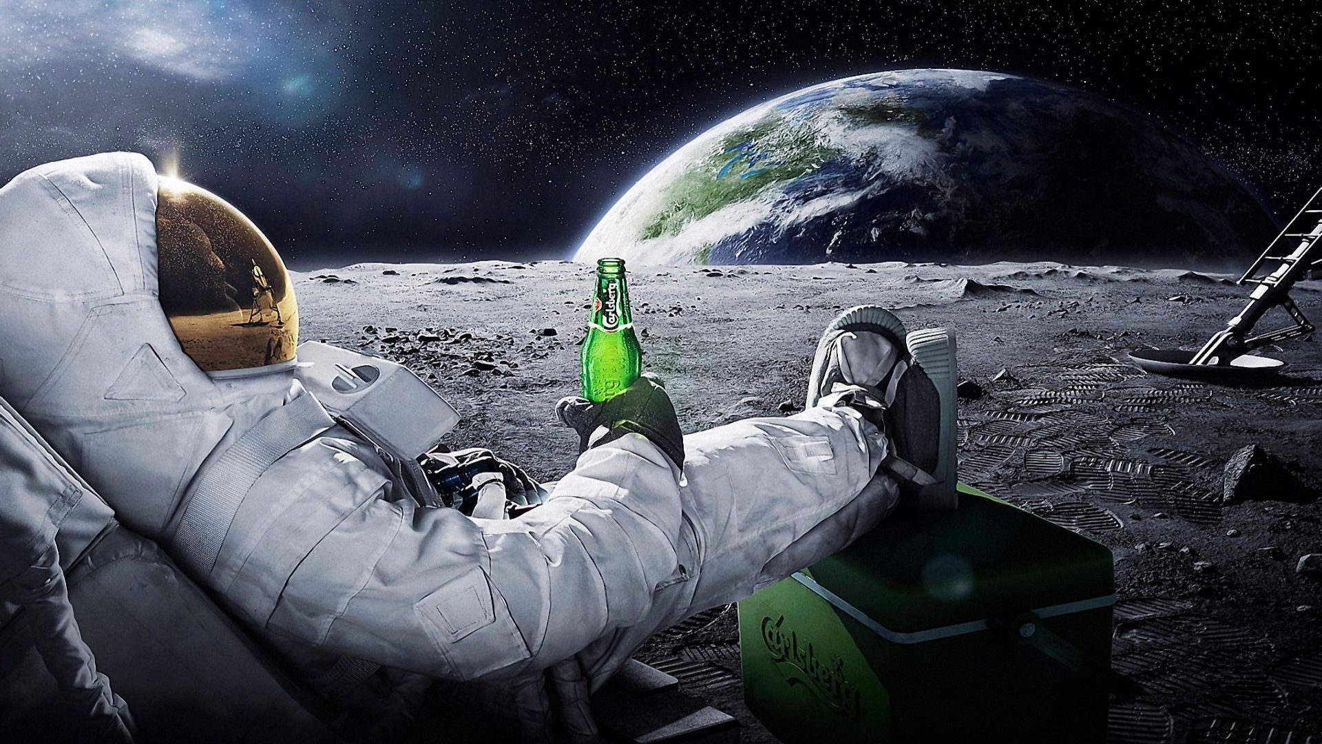 Astronauta, Luna, Terra, Birra, Fantascienza, 1920x1080, wallpaper desktop