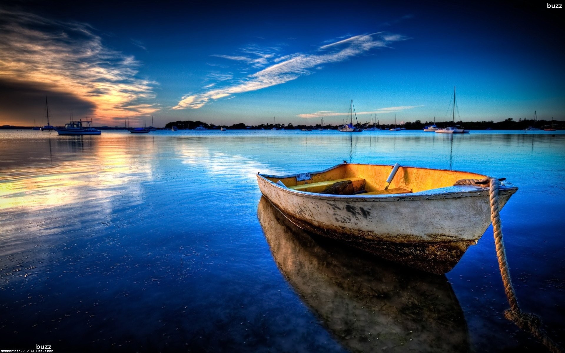 Barca a remi, Porto, Tramonto, Blu, HDR, Full HD, sfondo per PC
