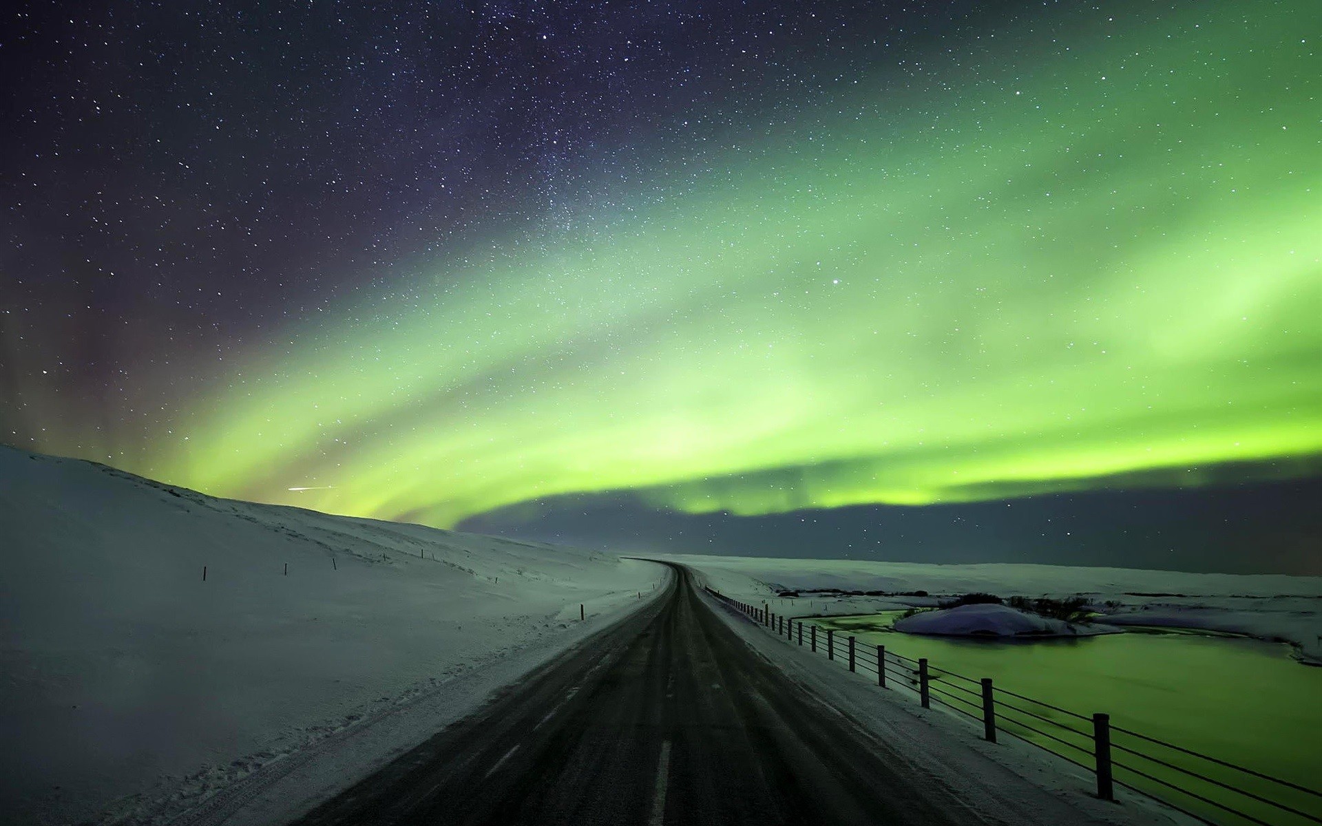 Aurora boreale, Islanda, Strada, Neve, Notte, 1920x1200, sfondo per PC
