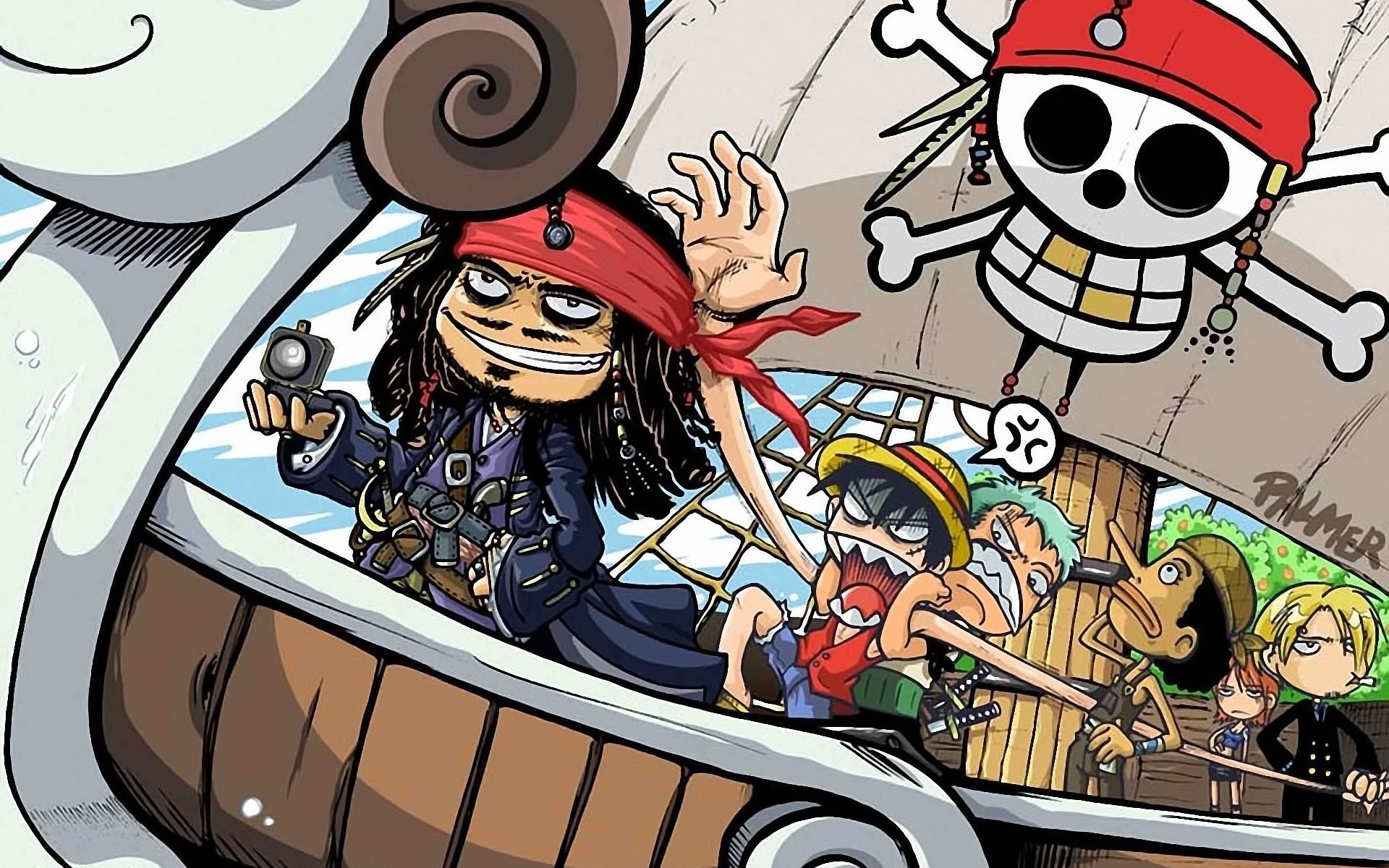 Jack Sparrow, Monkey D. Luffy, Roronoa Zoro, Going Merry, One Piece, Pirati dei Caraibi, Crossover, immagine di sfondo