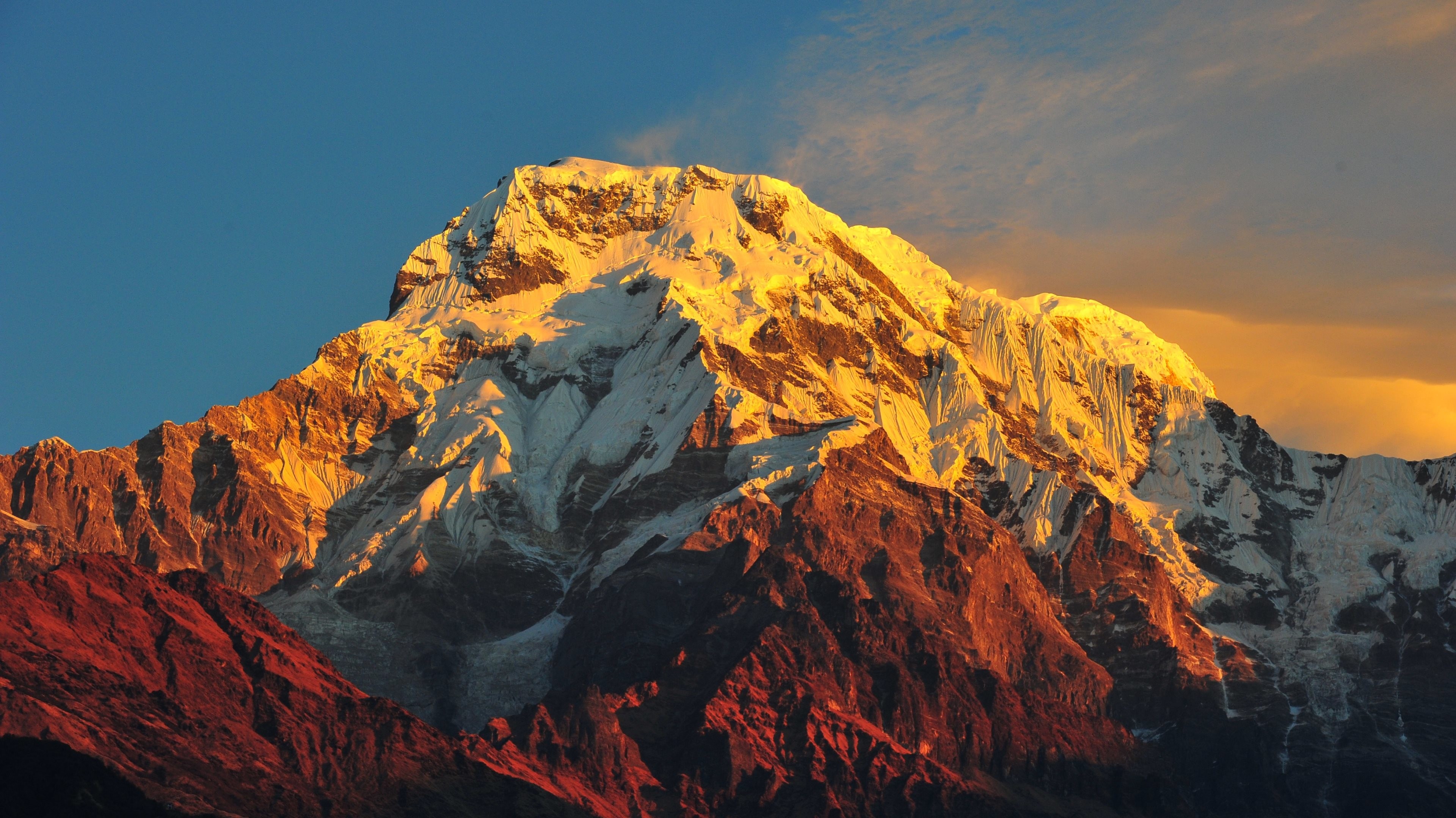 Annapurna Sud, Himalaya, Montagna, Tramonto, 4K, sfondo per PC e portatile